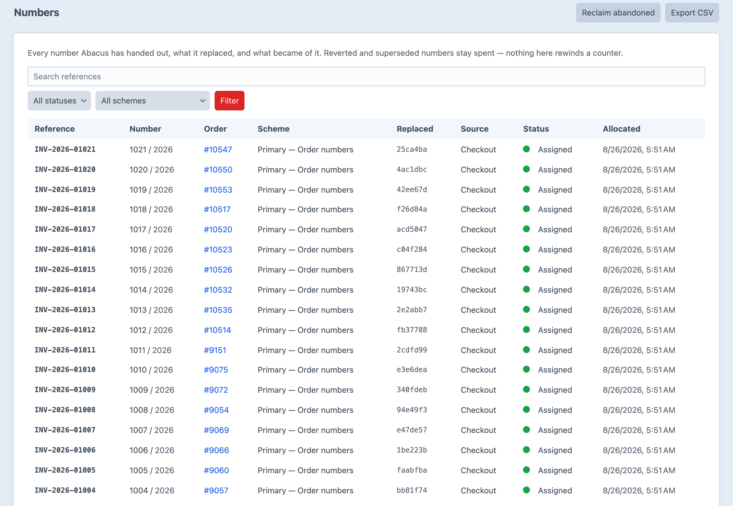 The Abacus Numbers ledger listing every allocated order number, the reference it replaced, its source and status