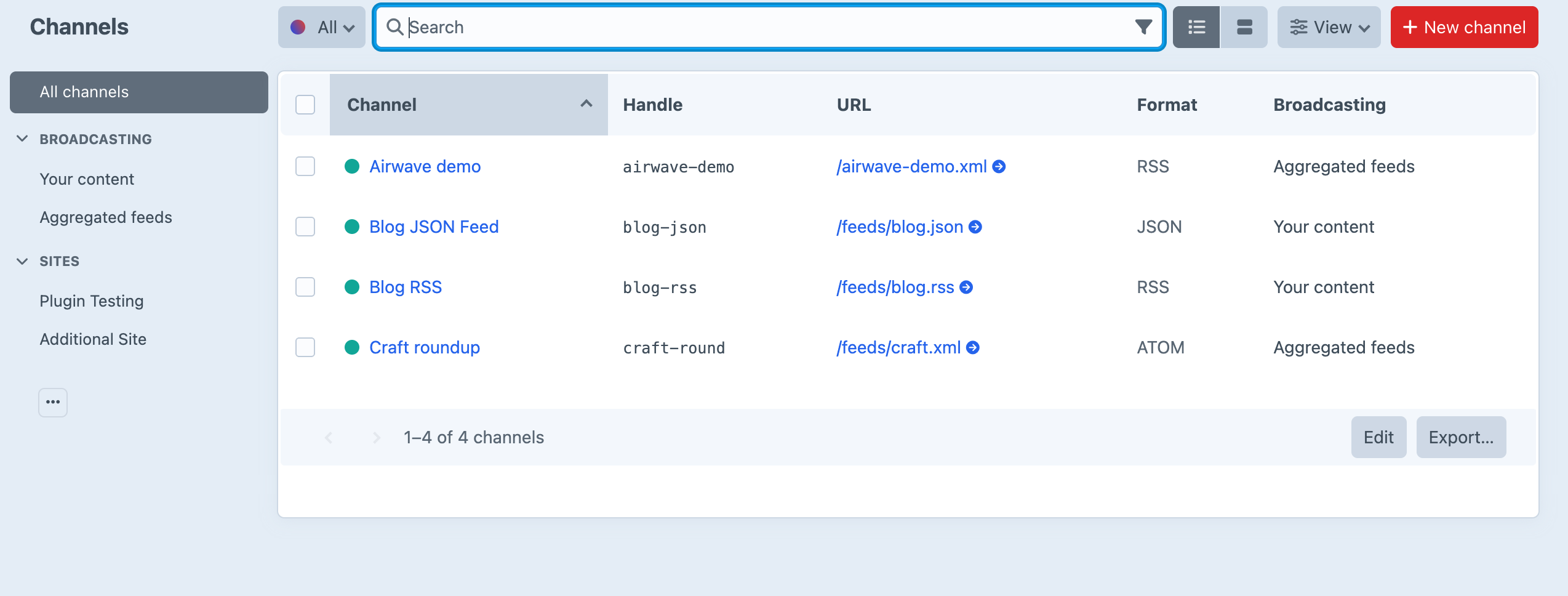 The Airwave channels index showing outbound RSS, Atom and JSON Feed channels with their URLs and formats