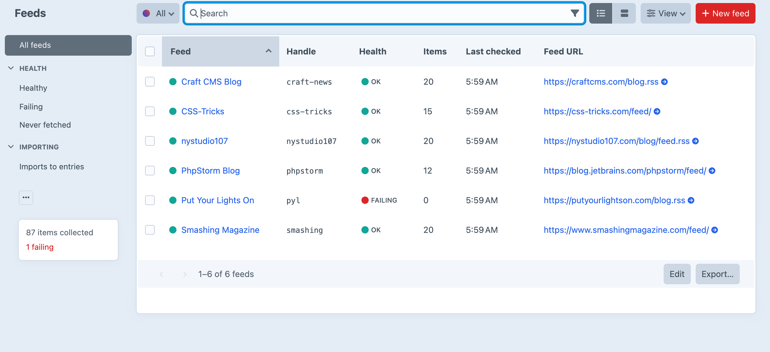 The Airwave feeds index in the Craft control panel, listing six subscribed feeds with health status, item counts and last-checked times, one of them marked failing