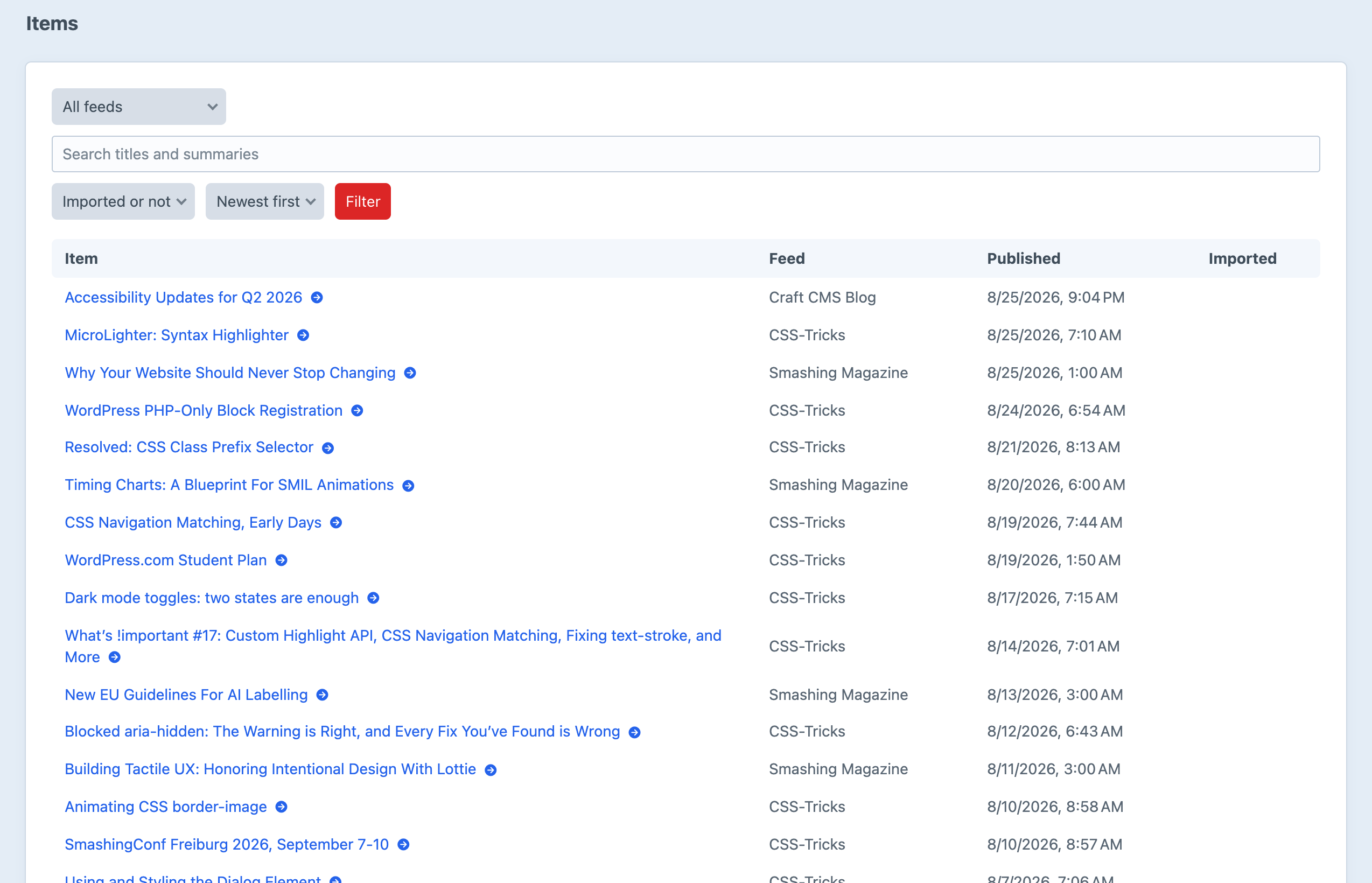 The Airwave items screen listing articles collected from several feeds, with feed name, published date and import status
