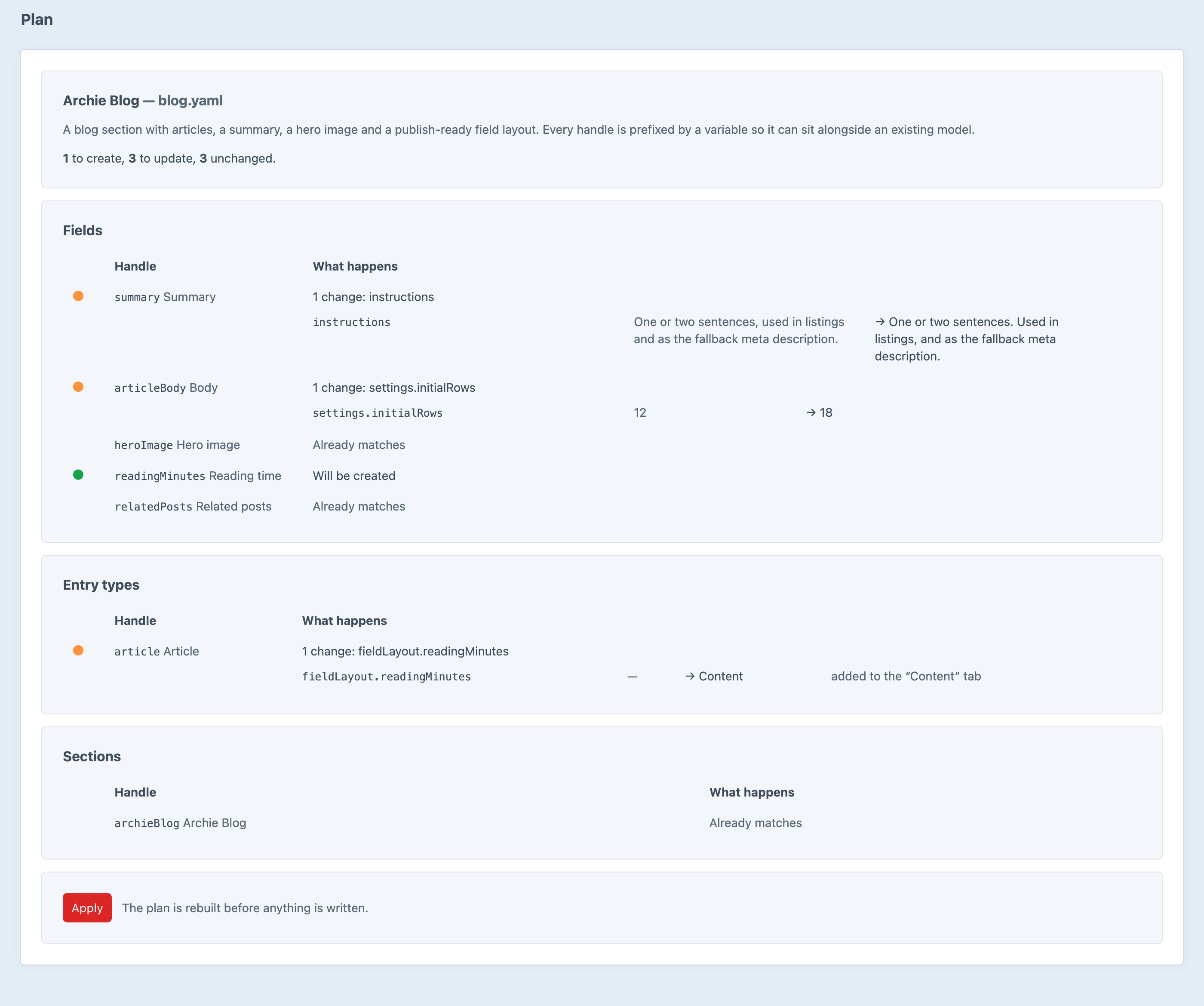 The Archie plan screen in the Craft control panel, listing fields, entry types and sections with what would happen to each and the old value beside the new one