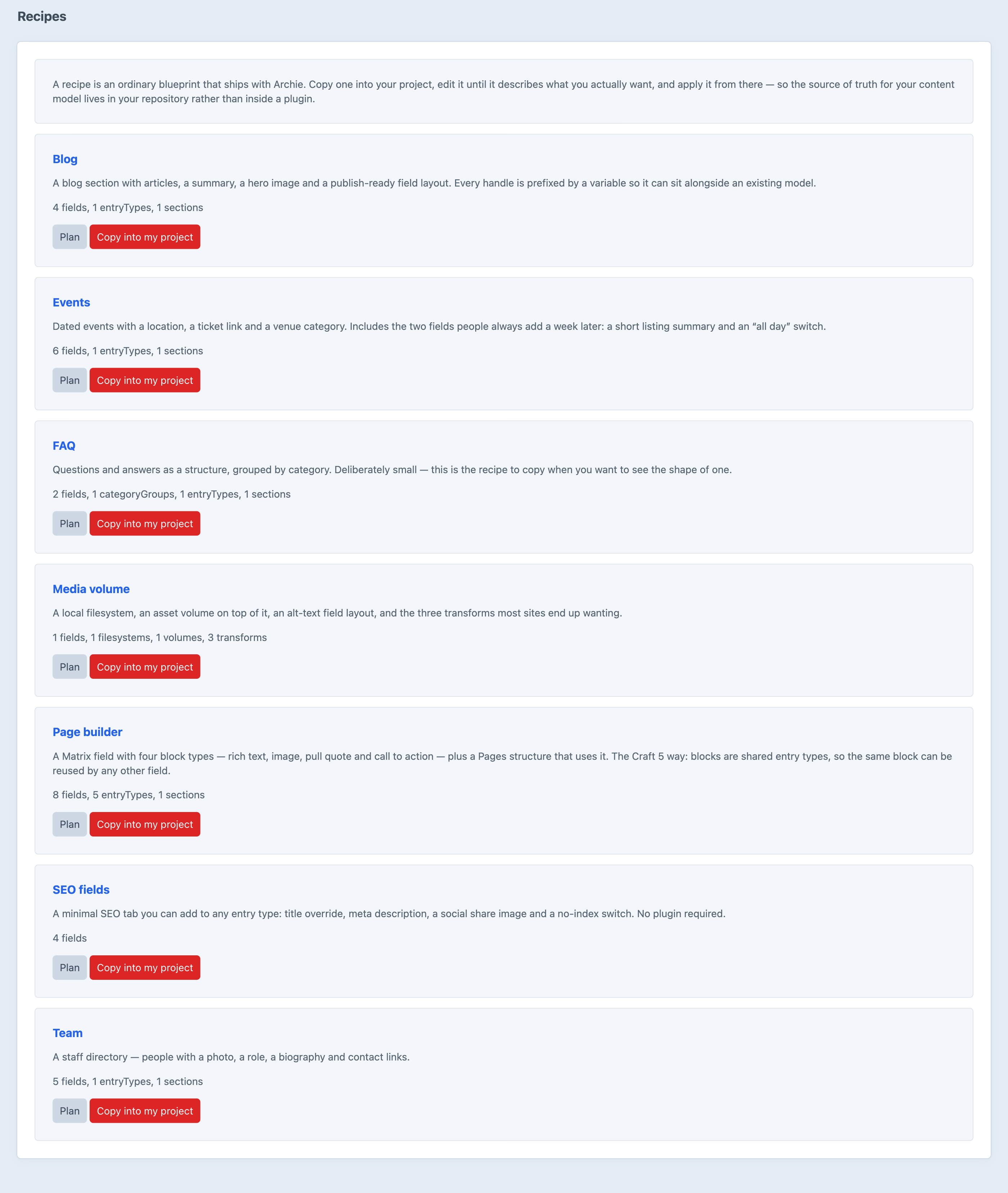 The Archie recipes screen listing the bundled blueprints — blog, events, FAQ, media volume, page builder, SEO fields and team — each with Plan and Copy into my project buttons