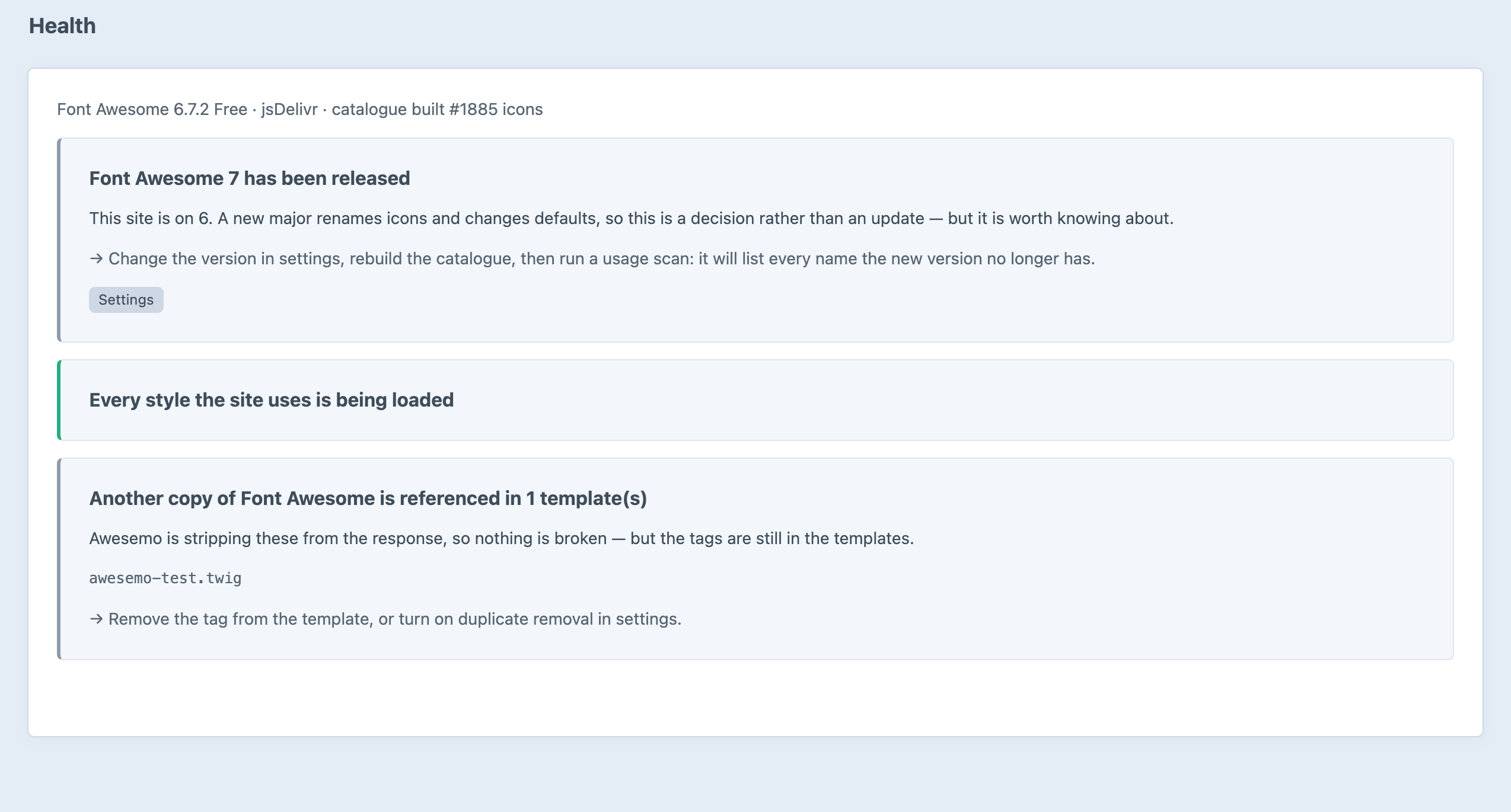 The Awesemo health screen reporting the Font Awesome version in use, that a new major version exists, and that another copy of Font Awesome is referenced by one template