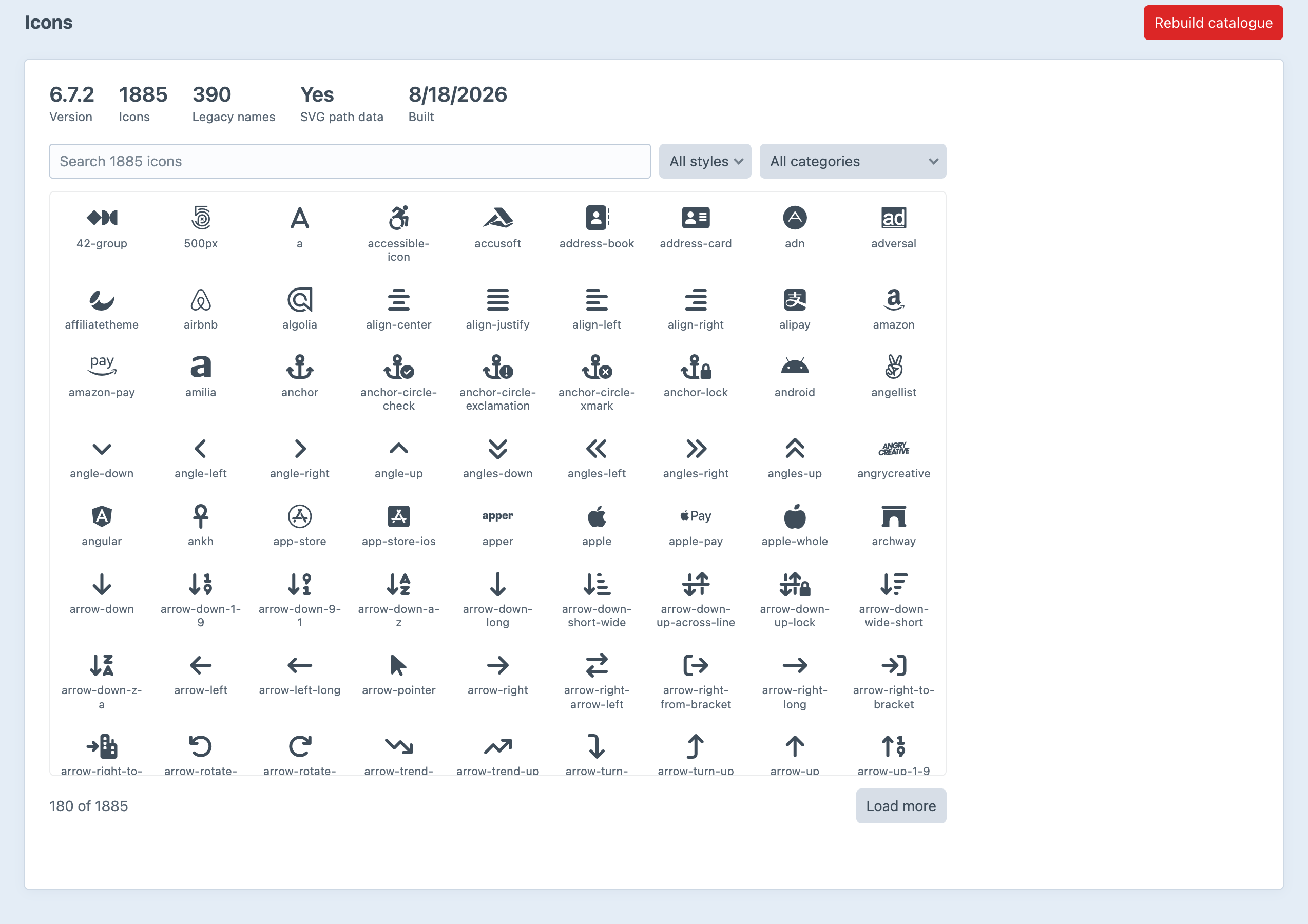 The Awesemo icon catalogue in the Craft control panel, showing 1,885 icons with search and style and category filters