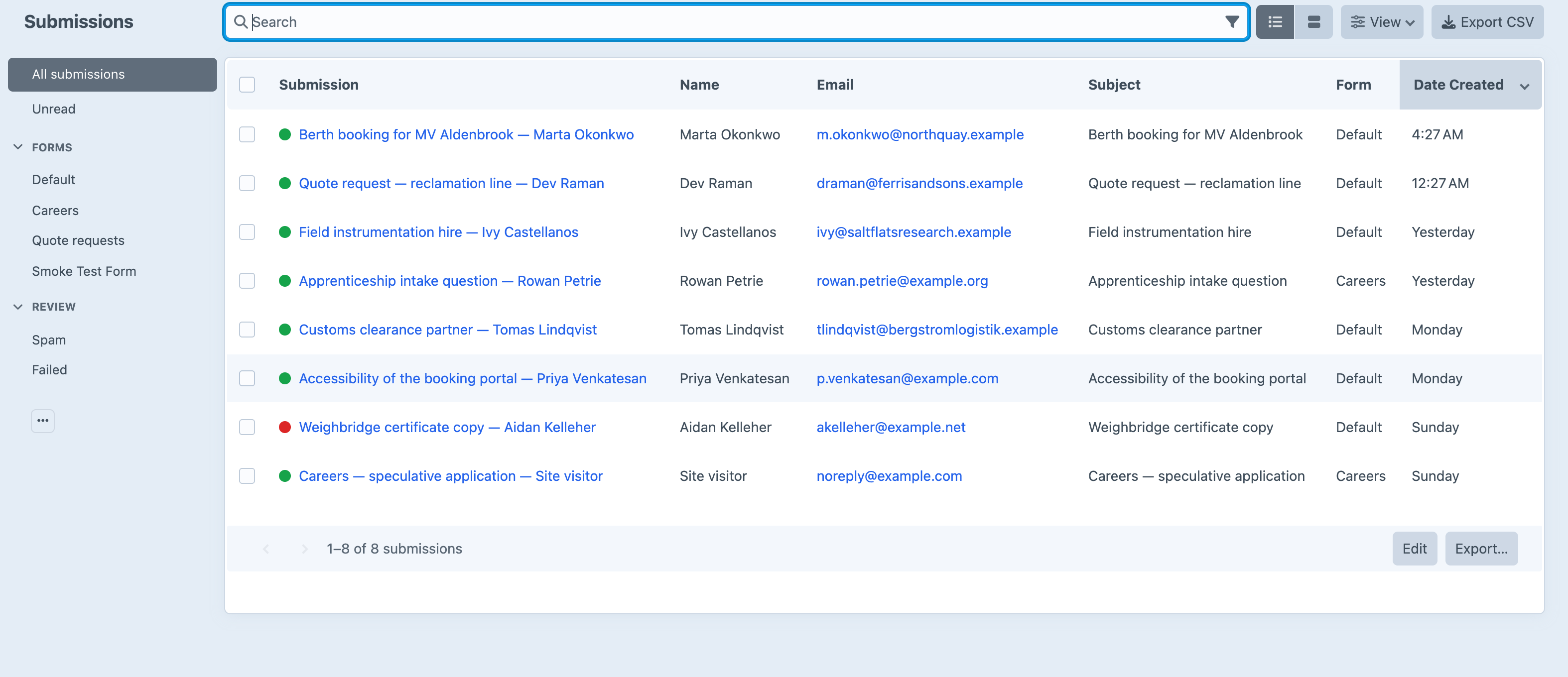 The Bandage submissions inbox in the Craft control panel, listing eight stored enquiries with sender name, email, subject, which form they came through and when