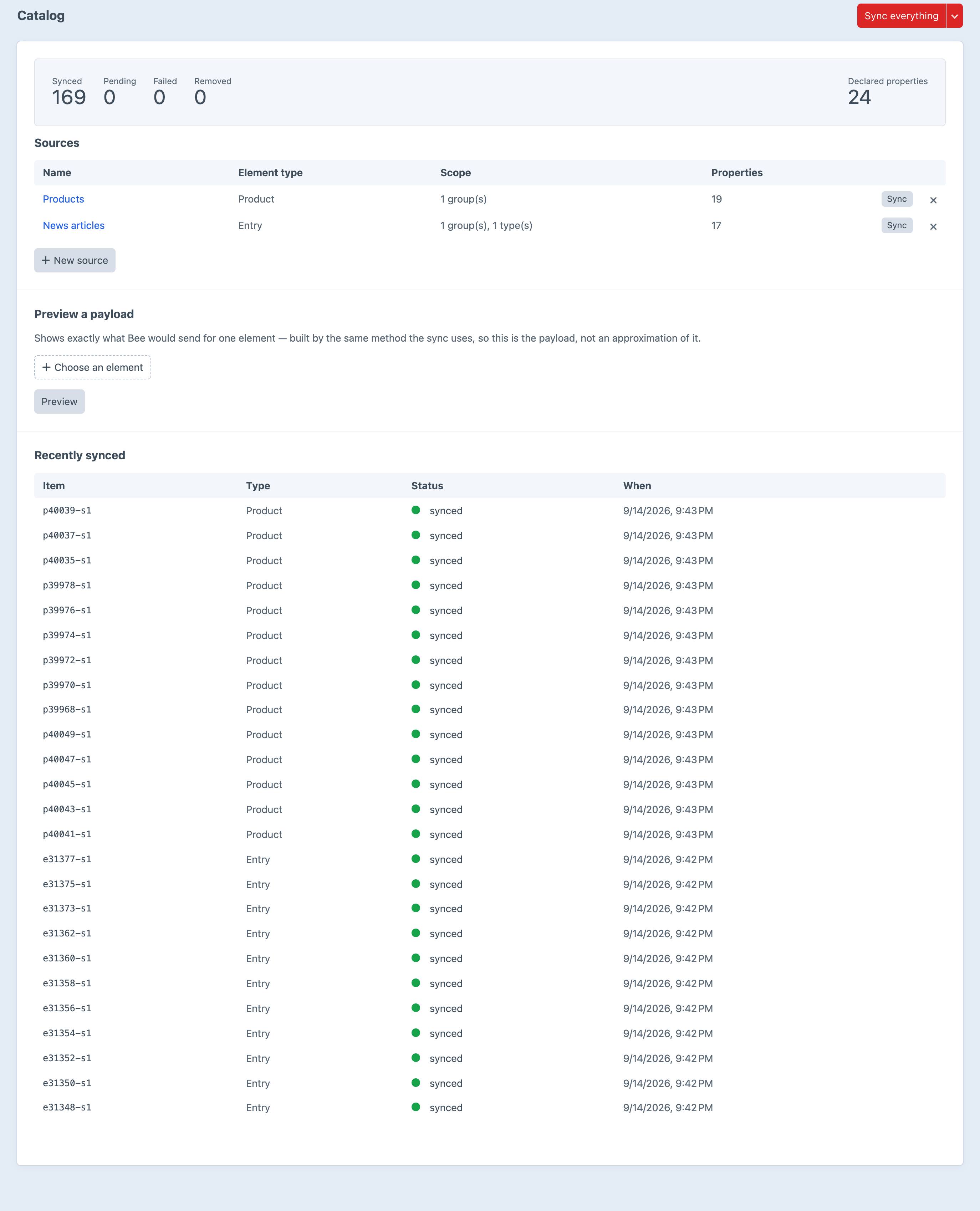 The Bee catalog screen in the Craft control panel, showing 169 items synced across two sources with twenty declared properties, the payload preview, and a table of recently synced items