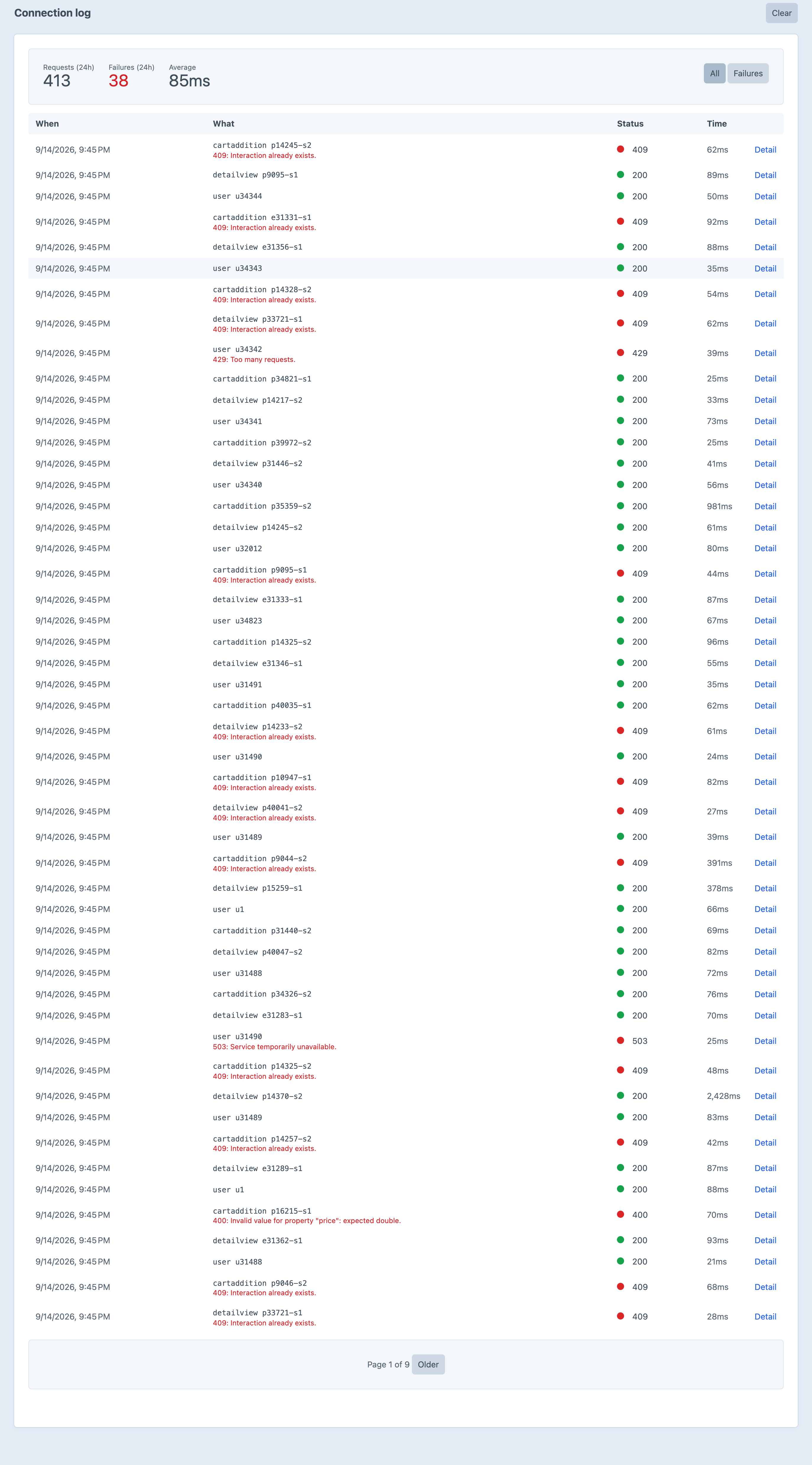 The Bee connection log listing every request to Recombee with its status and duration, including 409 responses marked as interactions that already exist and a 503 that was retried