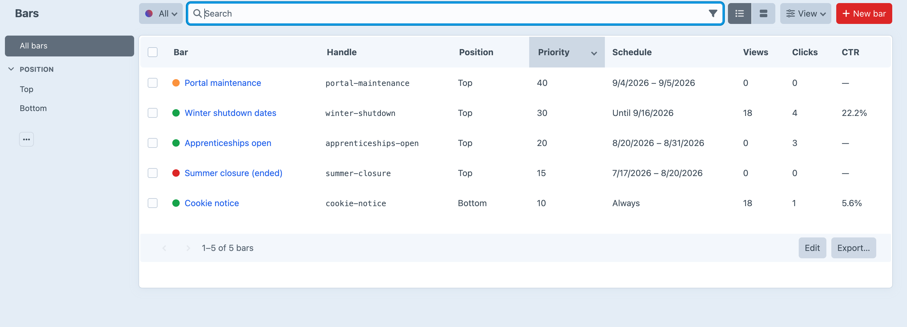 The Blaster bars index in the Craft control panel, listing five notification bars with their handle, position, priority, schedule window, views, clicks and click-through rate