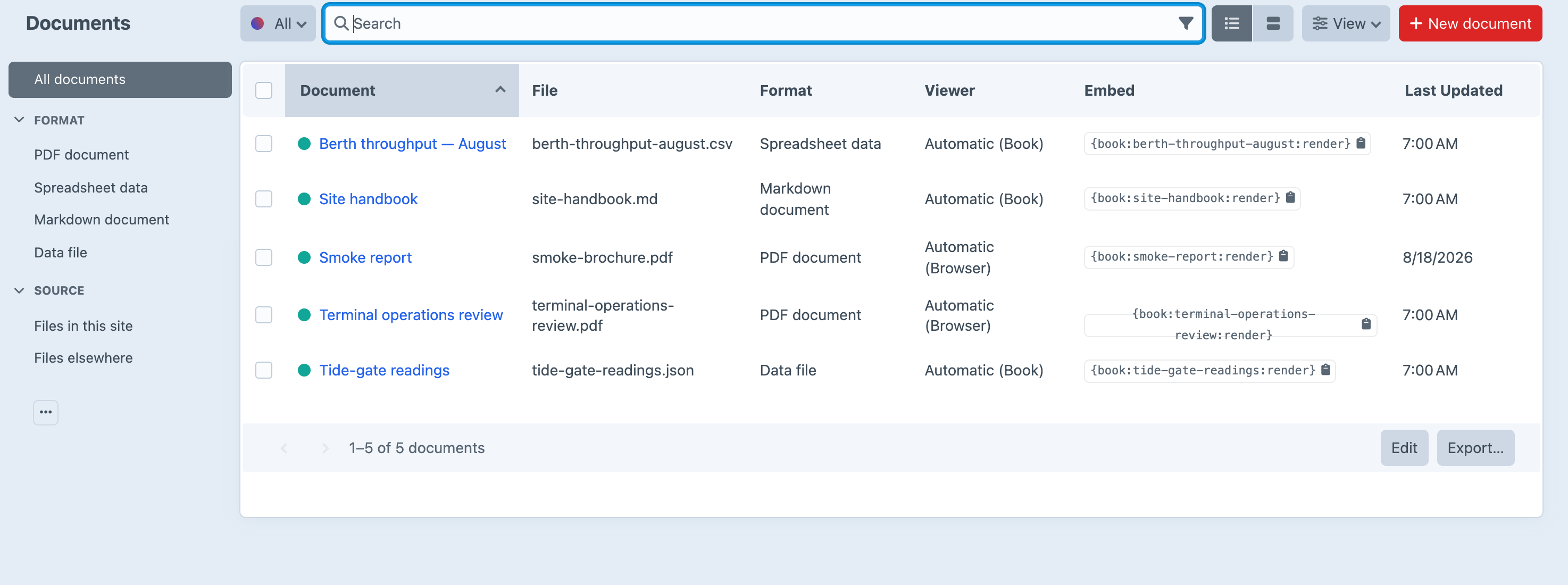 The Book documents index in the Craft control panel, listing a PDF report, a CSV of berth throughput, a Markdown handbook and a JSON data file, each showing the format Book detected, the viewer it chose, and the ref tag that embeds it