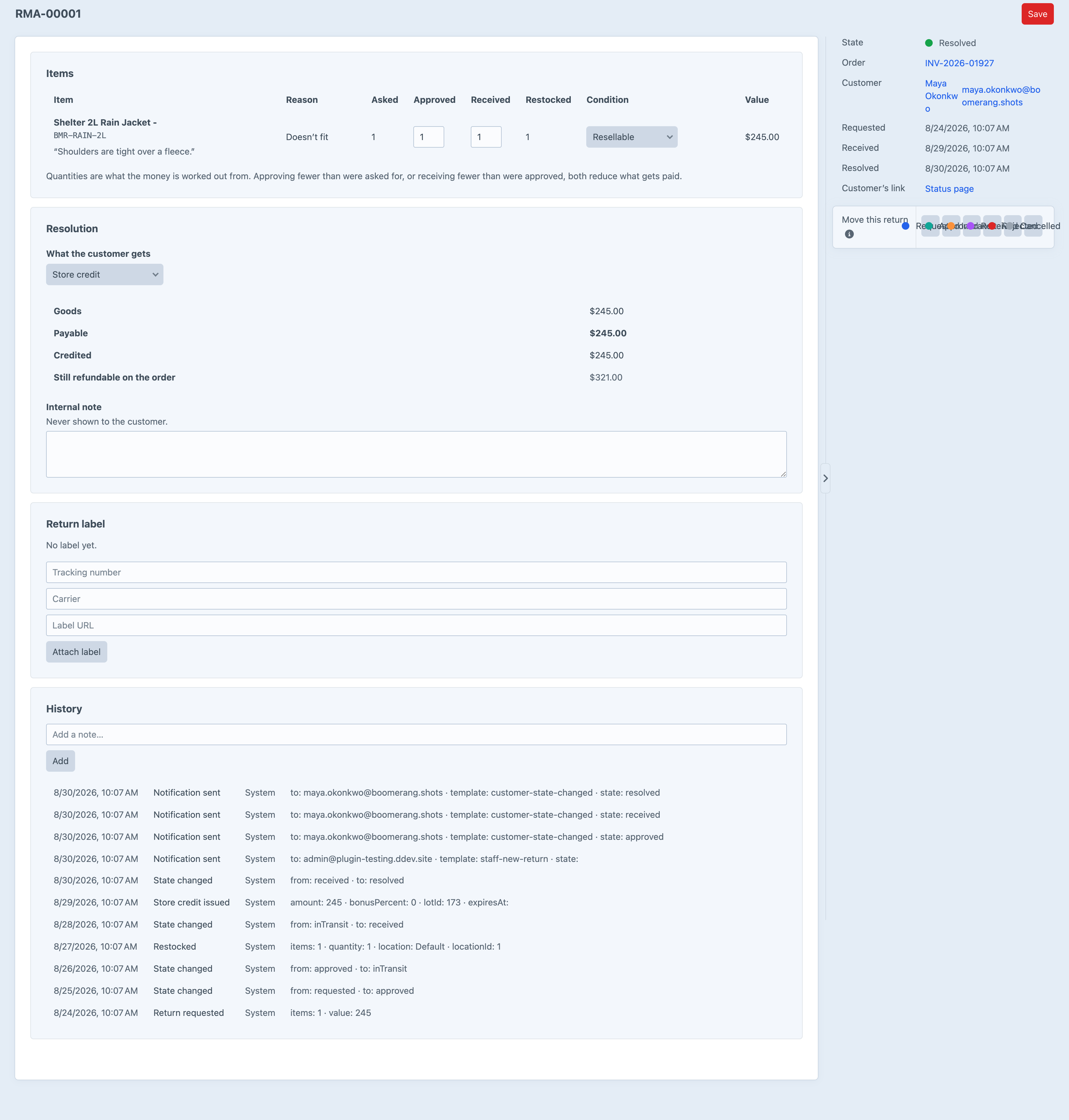A single Boomerang RMA showing the returned line with its reason, condition and snapshot value, the resolution panel with goods, payable and credited amounts, the return label panel, and an append-only history listing the state changes, the restock, the credit issued and every notification sent