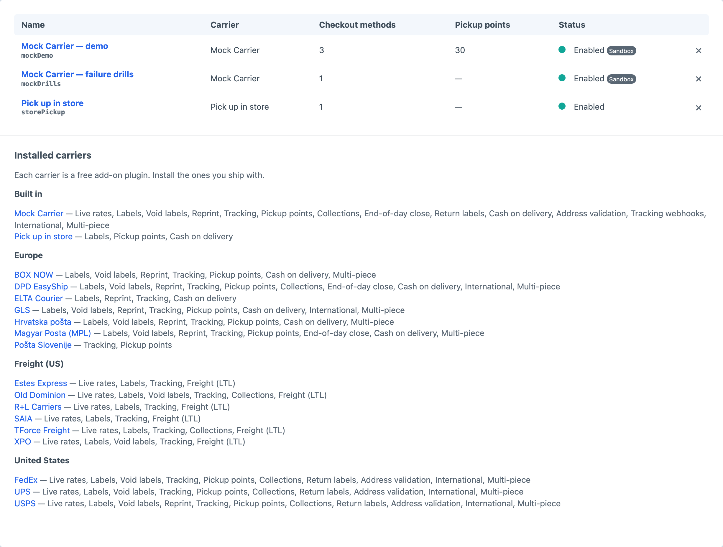 The Carrier connections screen listing carrier accounts with their checkout methods, pickup points and status, and every installed carrier with the features it declares