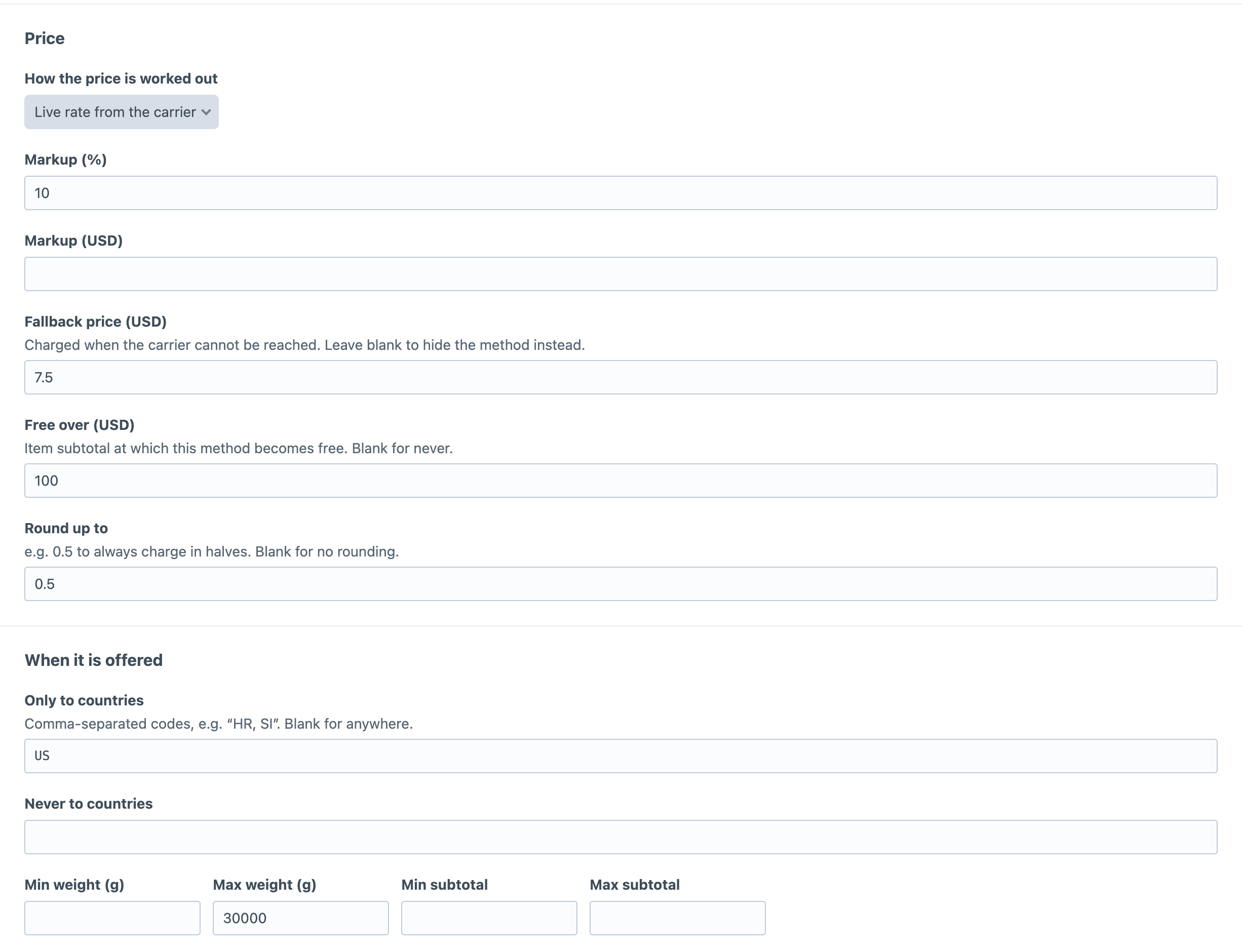 A Carrier checkout method set to a live rate with a 10 percent markup, a fallback price for when the carrier cannot be reached, free shipping over a subtotal and rounding up to the nearest half