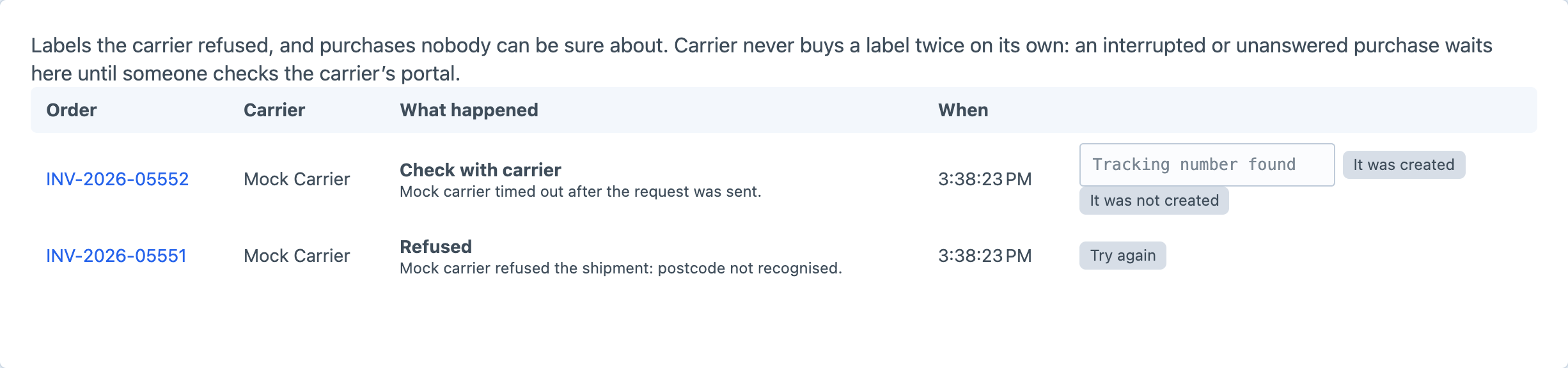 The Carrier problems screen with one purchase that timed out, offering It was created and It was not created, and one the carrier refused, offering Try again