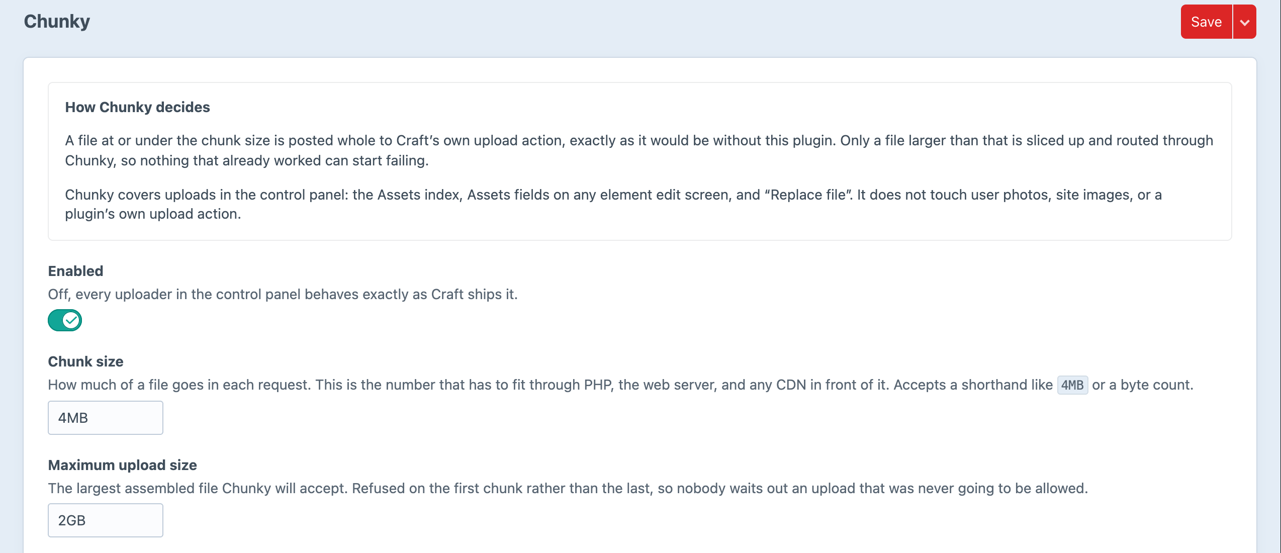 The top of Chunky's settings screen, explaining that files at or under the chunk size go to Craft's own upload action, with the Enabled switch on, a chunk size of 4MB and a maximum upload size of 2GB