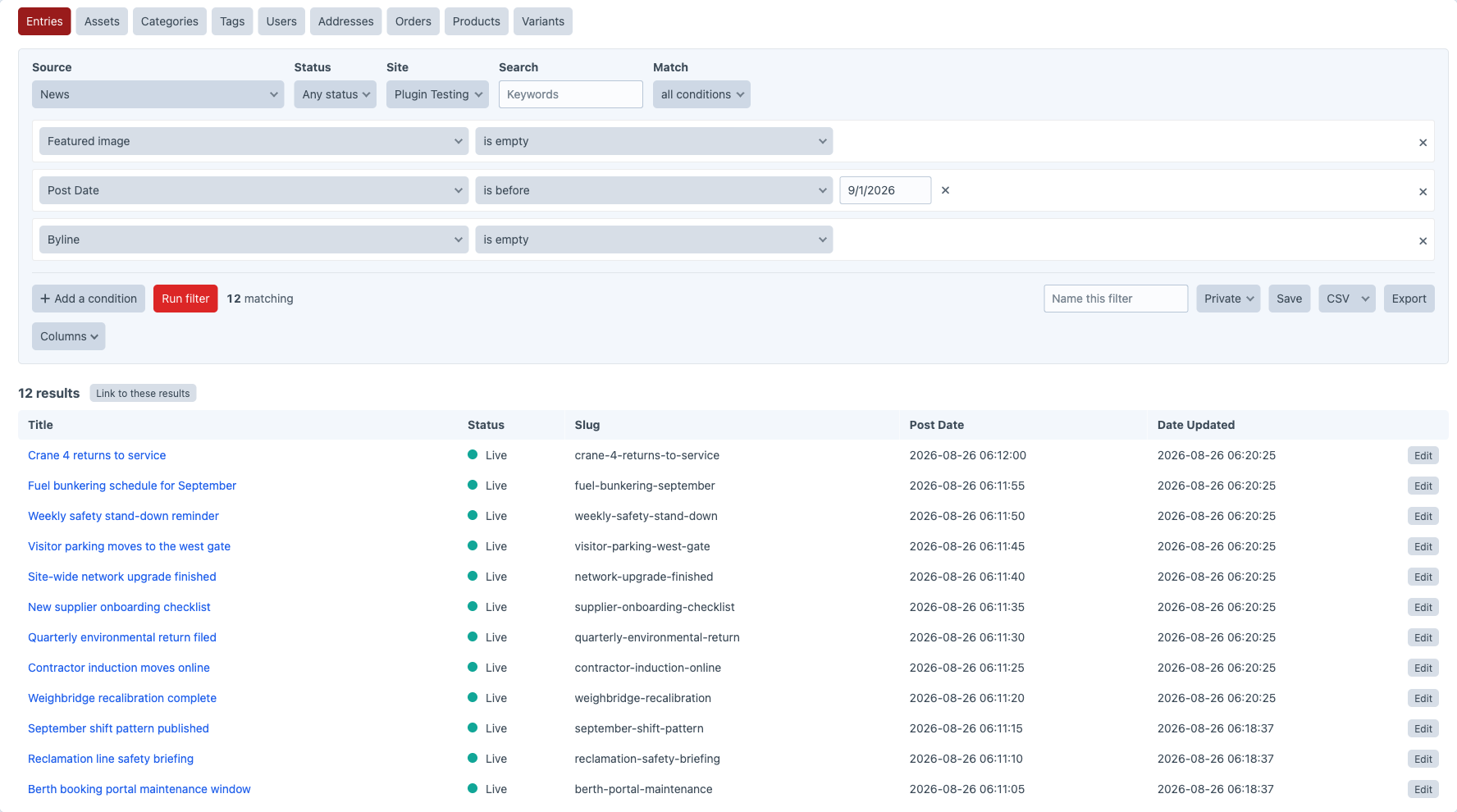 The Clean Air filter builder in the Craft control panel with three conditions — featured image is empty, post date is before 9/1/2026, byline is empty — and a results table of twelve matching news entries