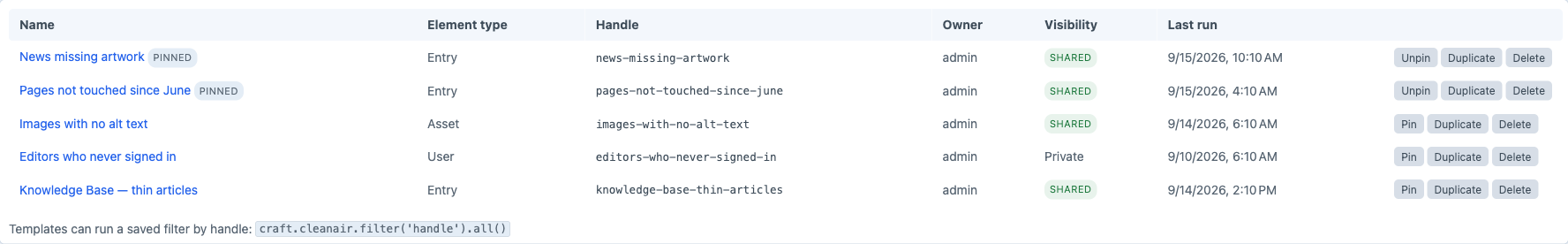 The Clean Air saved filters list showing five filters across entries, assets and users, with their handles, owners, visibility and last run time