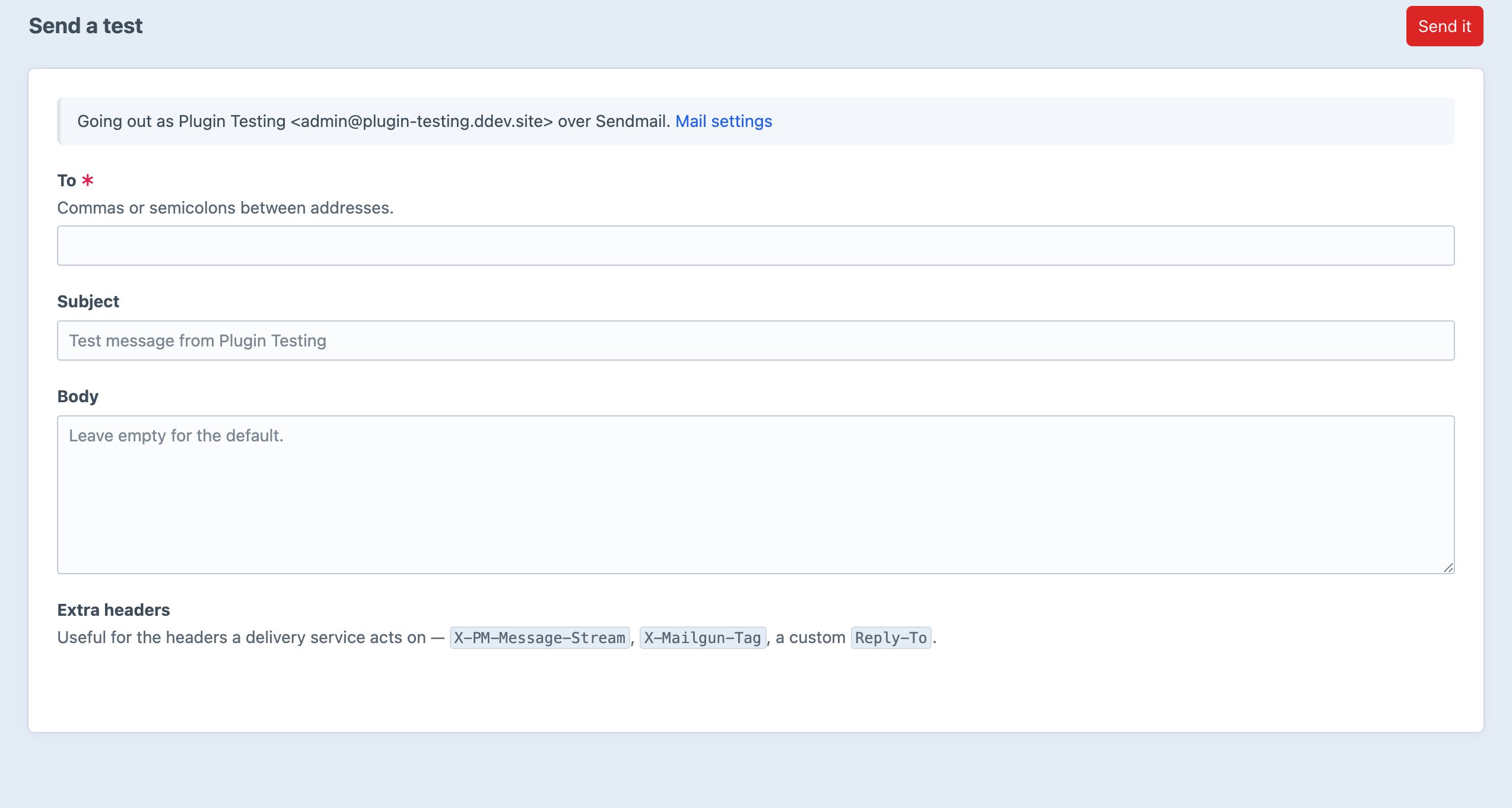 The Corndog send-a-test screen, showing the from address and transport in use, and fields for recipients, subject, body and extra headers