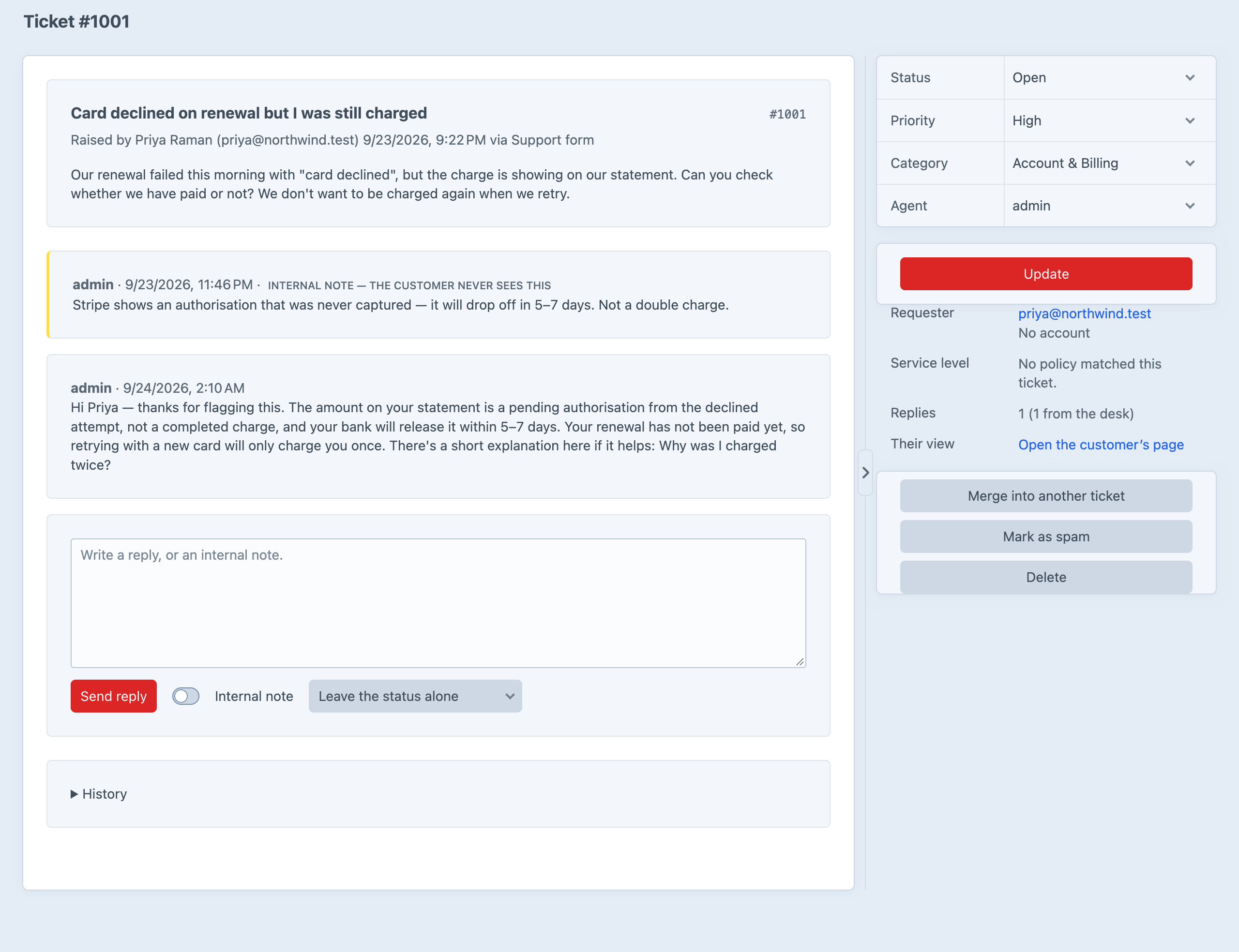 A CSR ticket in the control panel: the customer's message about a declined renewal, an internal note marked 'the customer never sees this', the agent's reply, a reply box with an internal-note switch, and a sidebar with status, priority, category and agent