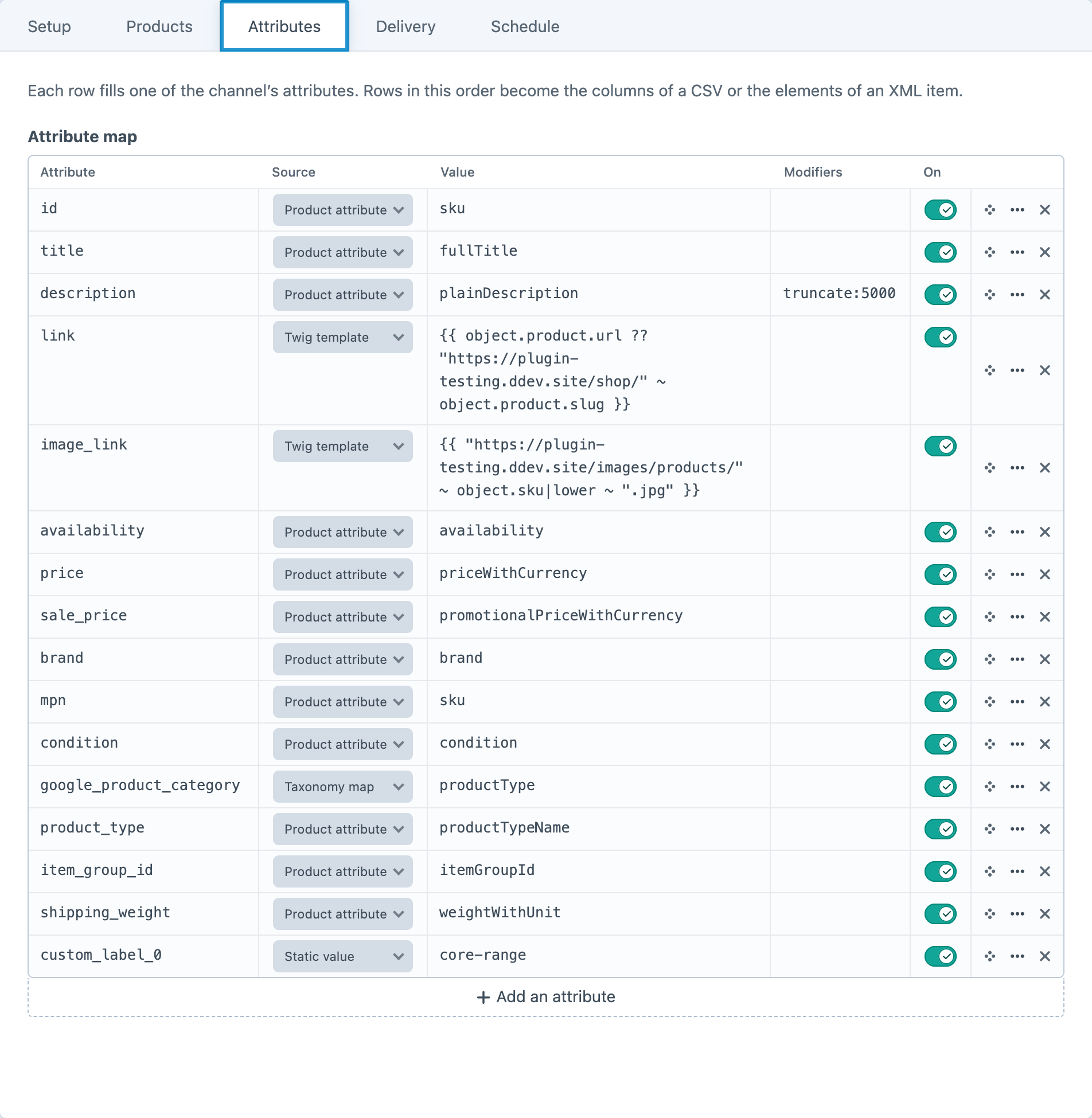 The attribute map for a Google Shopping feed, mapping each Google attribute to a product attribute, a Twig template, the taxonomy map or a static value
