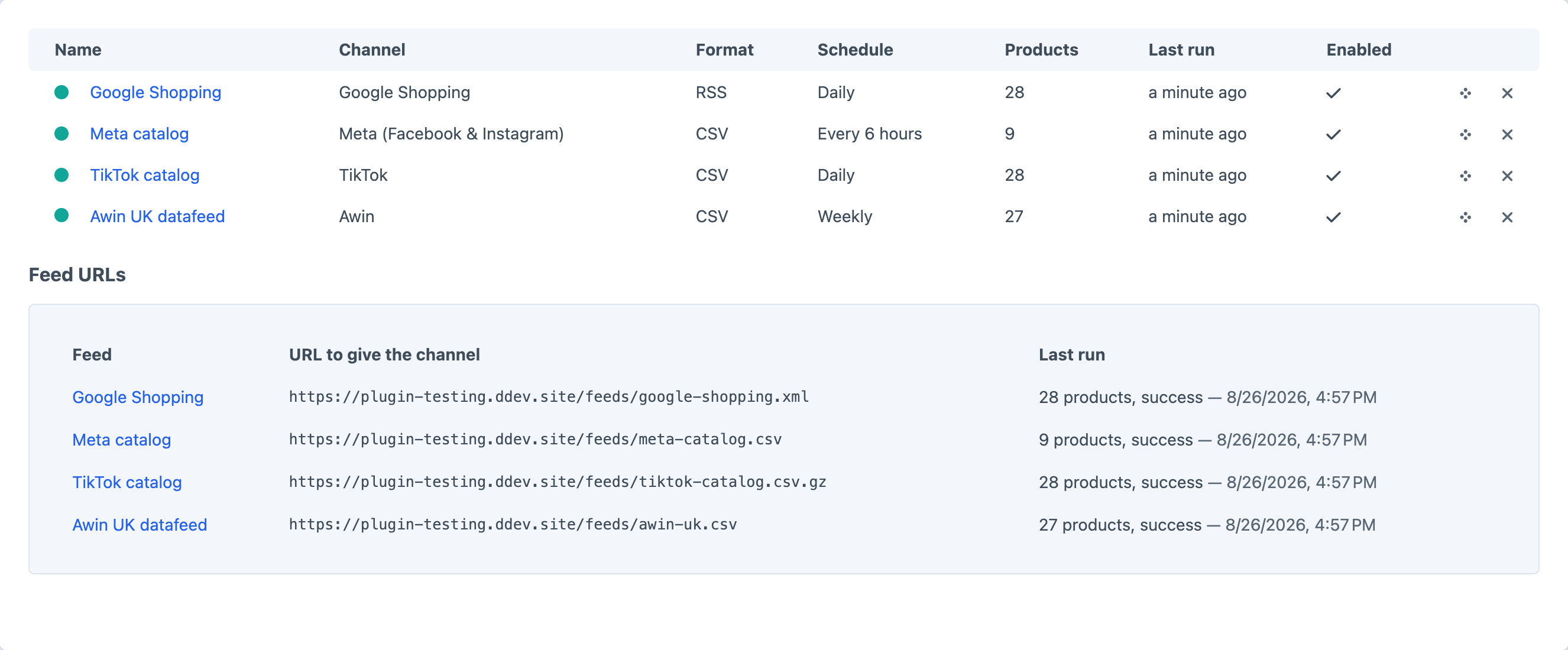 The Eat feeds index in the Craft control panel, listing four feeds with their channel, format, schedule, product count and public URL