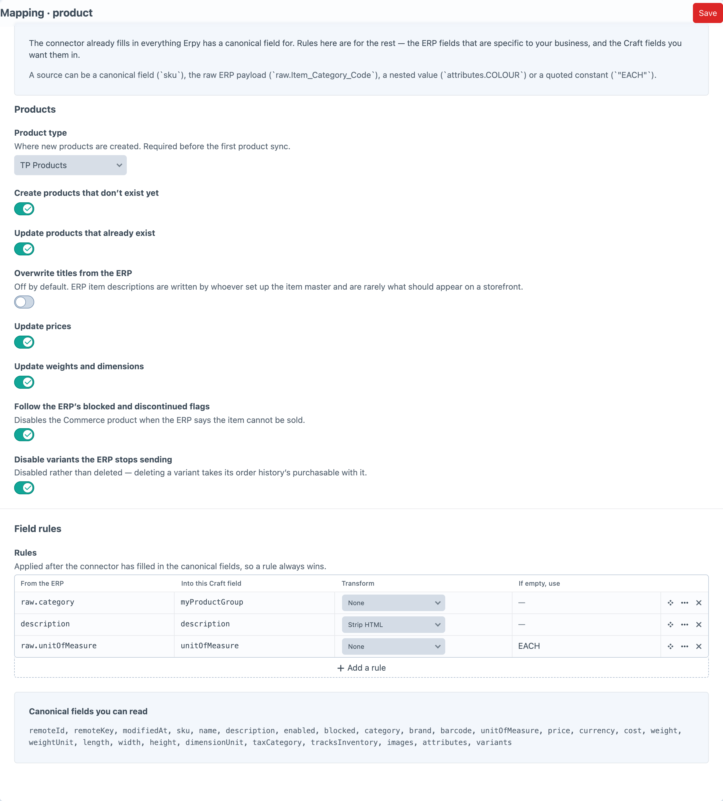 The Erpy product mapping screen showing per-entity options, three field rules mapping ERP fields into Craft fields with transforms and fallbacks, and the list of canonical fields a rule can read