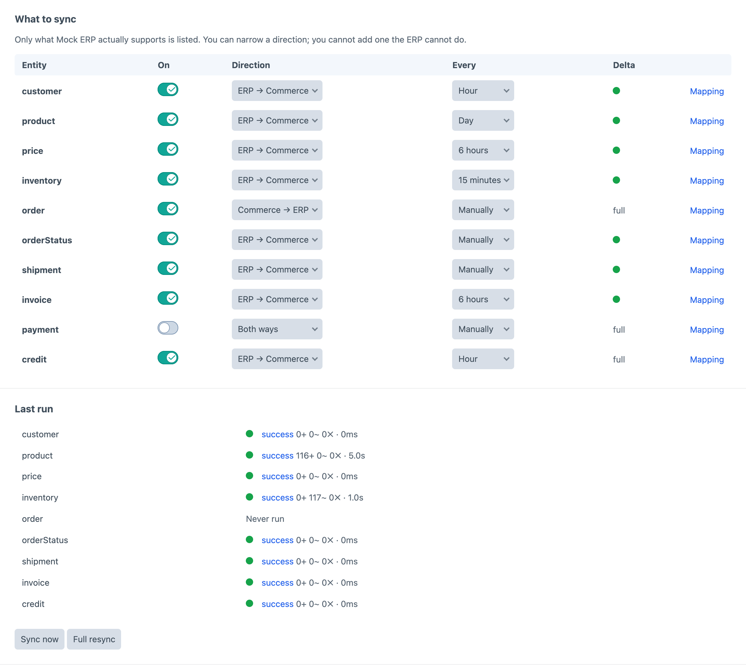 The Erpy connection screen showing ten entities with per-entity direction, interval and delta support, built from what the connector declares, and the result of each entity's last run