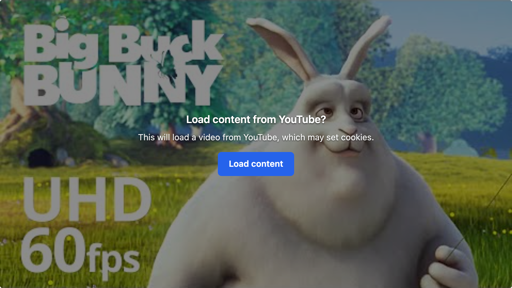 A click-to-load card over a video poster asking whether to load content from YouTube, with a Load content button