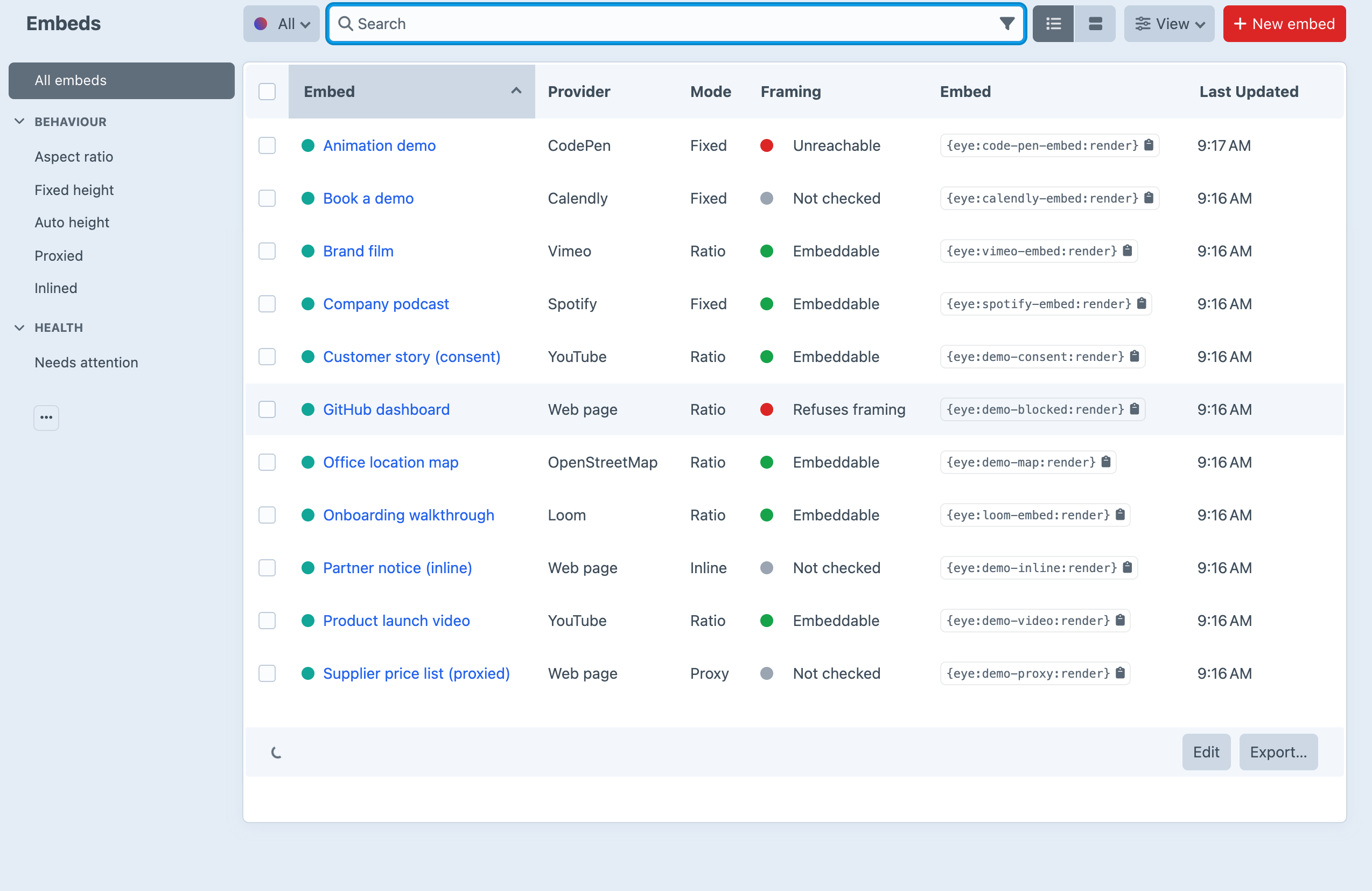 The Eye embeds index in the Craft control panel, listing eleven embeds with their provider, mode, framing status and reference tag