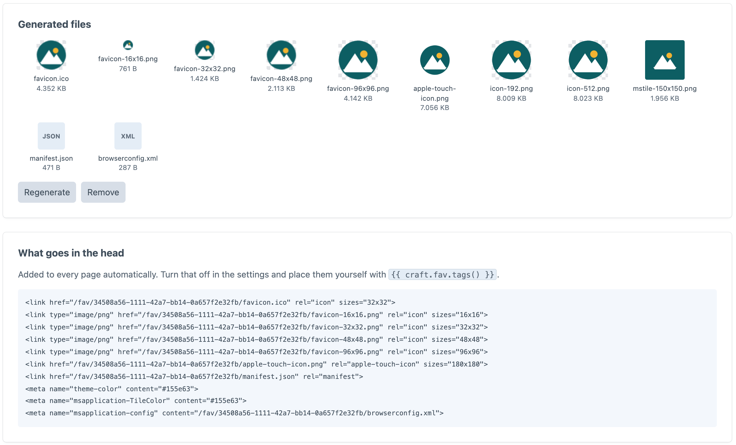 The Fav Icons screen in the Craft control panel, showing the generated favicon.ico, PNG favicons, Apple touch icon, manifest icons, Windows tile, manifest.json and browserconfig.xml, with the head tags listed below