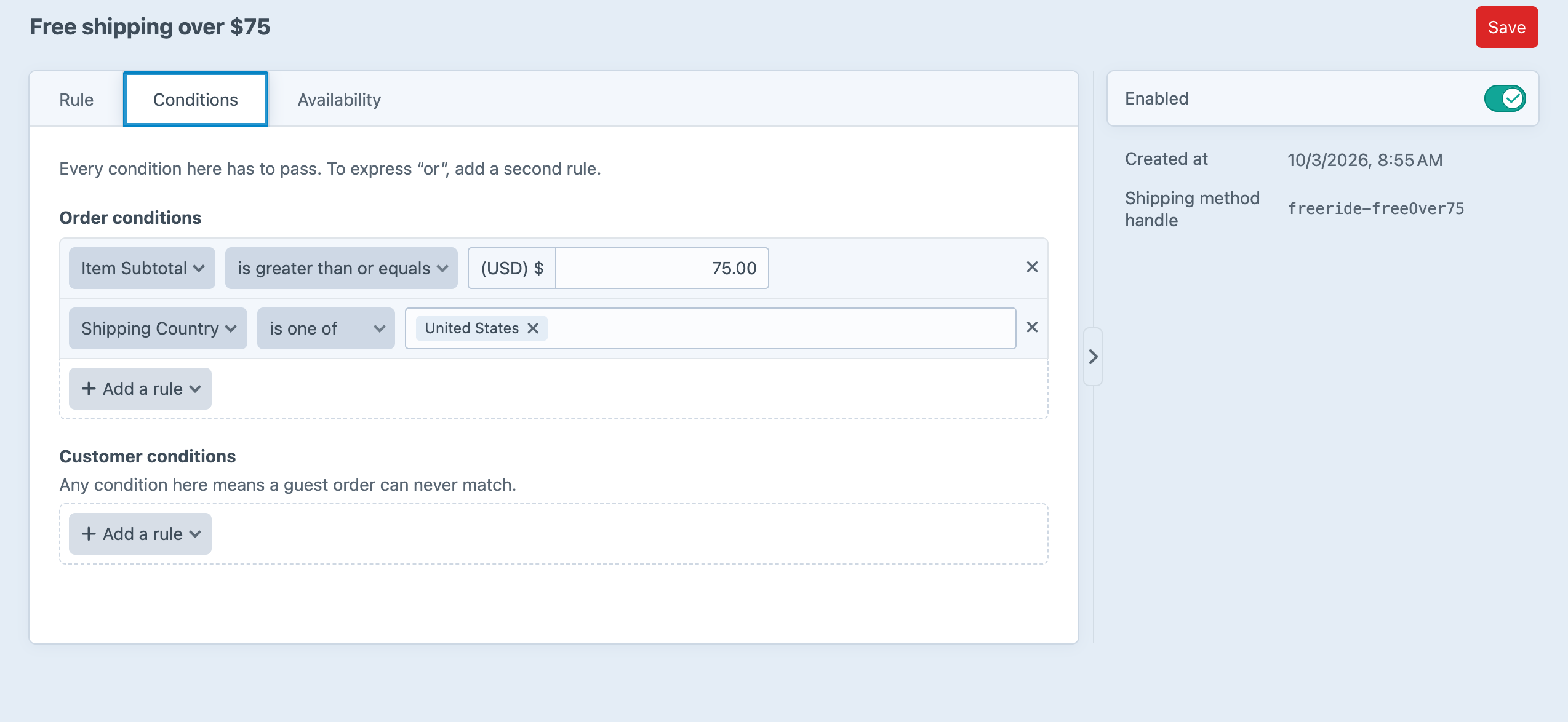Editing a Free Ride rule in the Craft control panel, showing its order and customer conditions