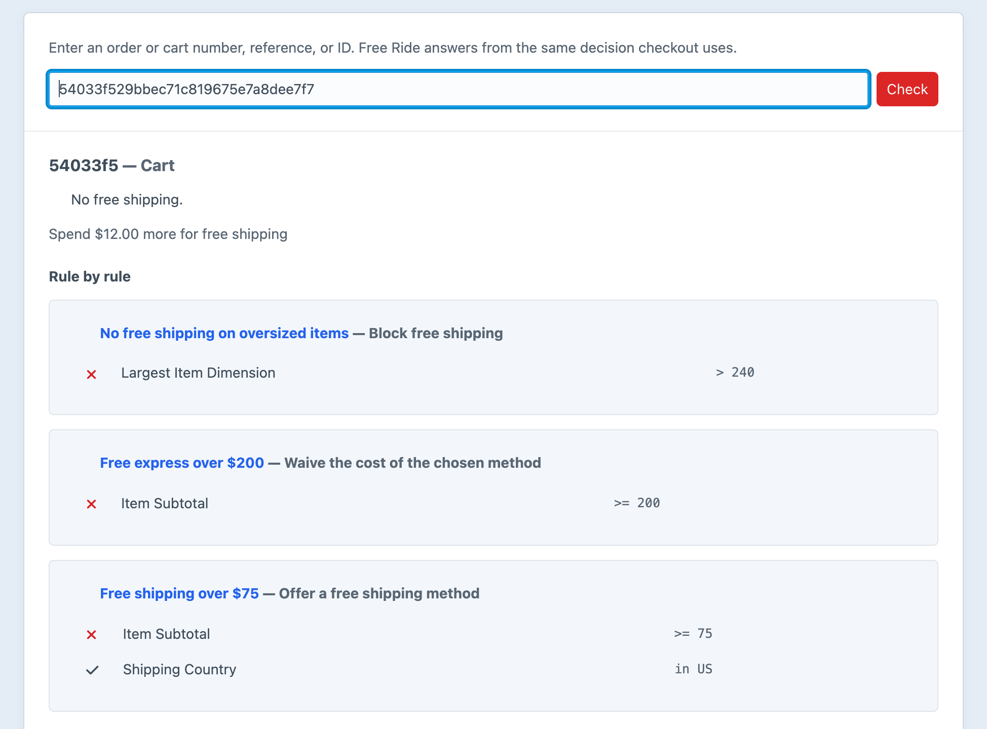 The Free Ride simulator explaining a $63 cart: every rule considered, with the condition that failed on each