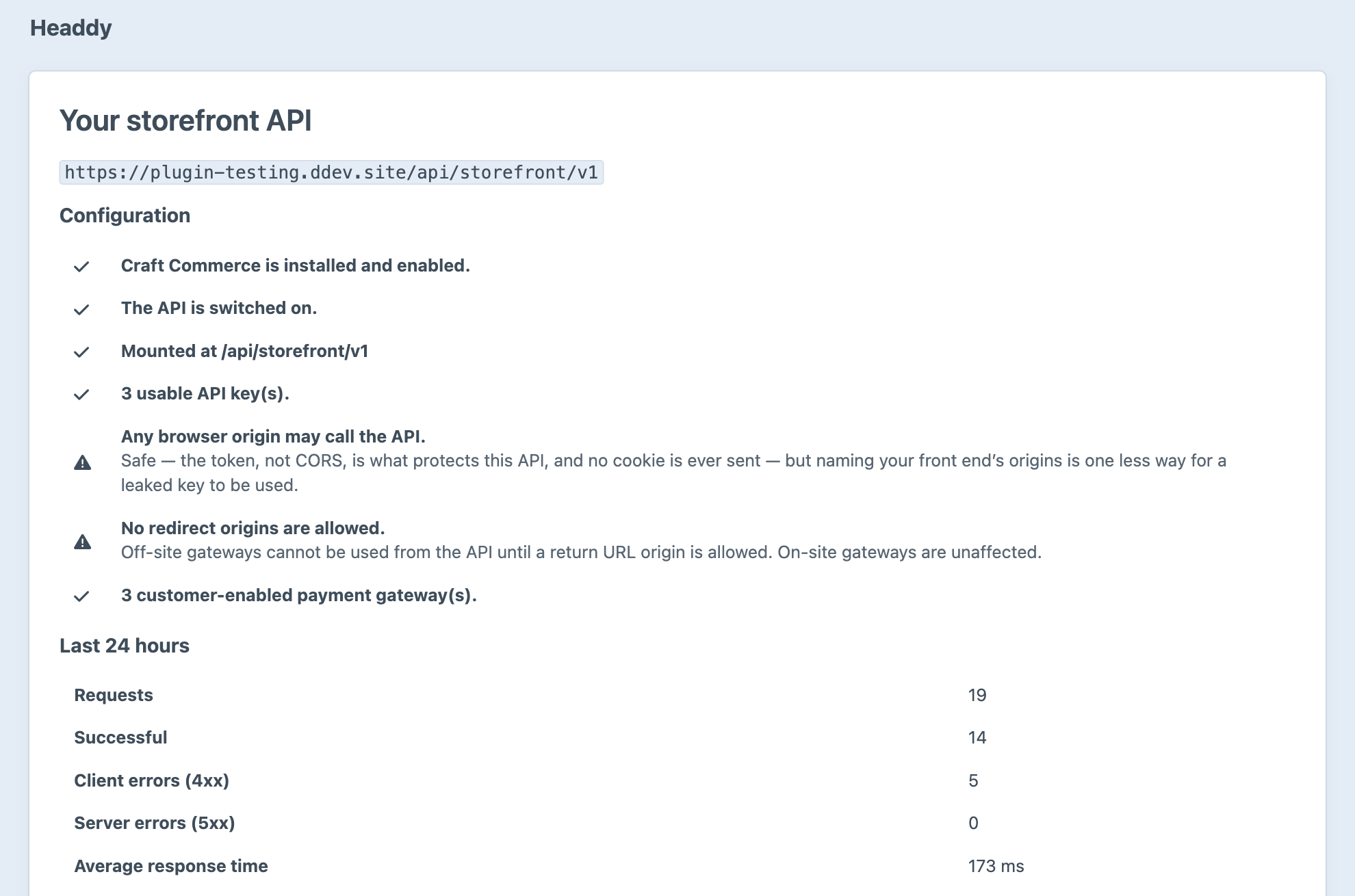 The Headdy Overview screen showing the storefront API URL, a configuration check with two warnings about open CORS and an empty redirect list, and request counts for the last 24 hours