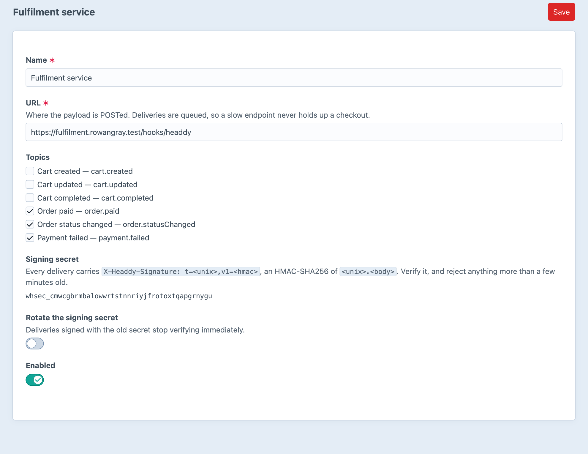 Editing a Headdy webhook endpoint subscribed to the order.paid, order.statusChanged and payment.failed topics, with its signing secret