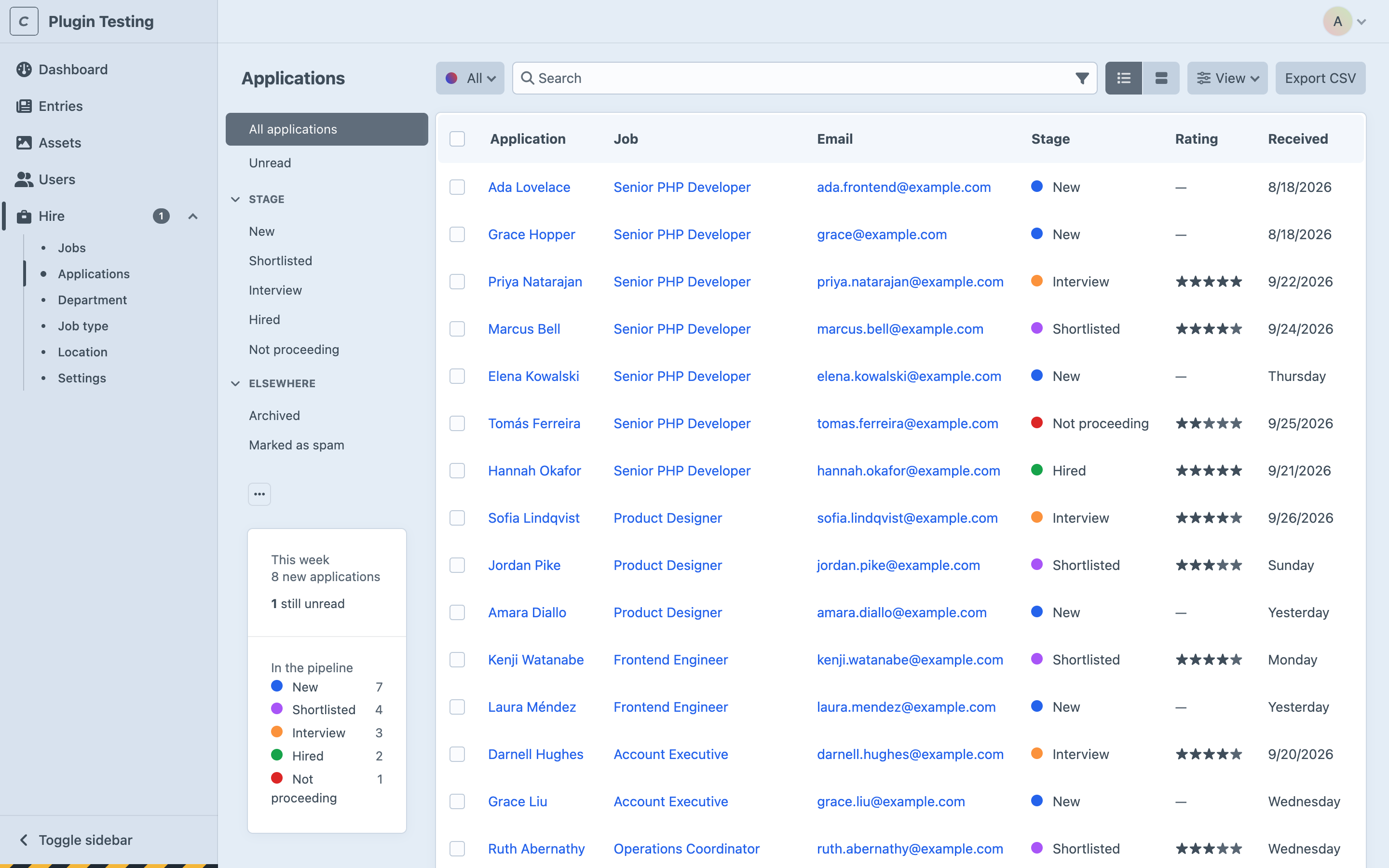 The Hire applications index, with sources for unread applications and each pipeline stage, and a list of candidates with the job they applied for