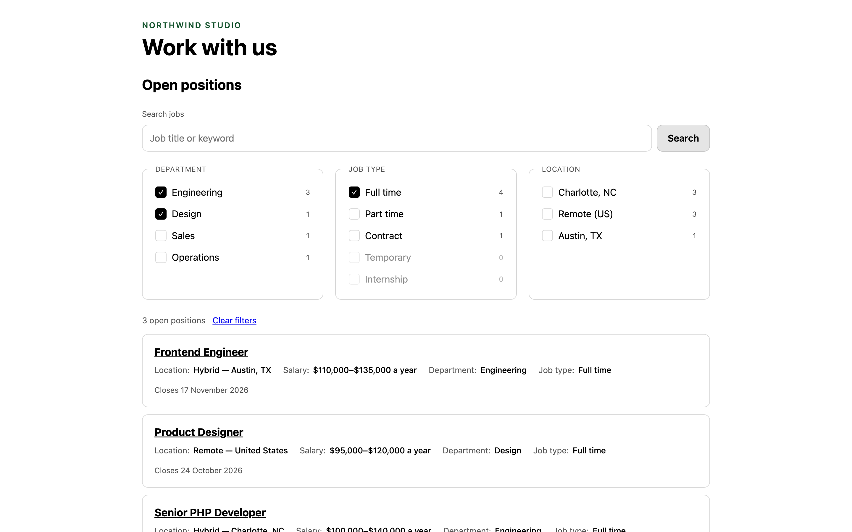 A careers page rendered by craft.hire.listing(), with a search box, filters with counts, and a list of open jobs