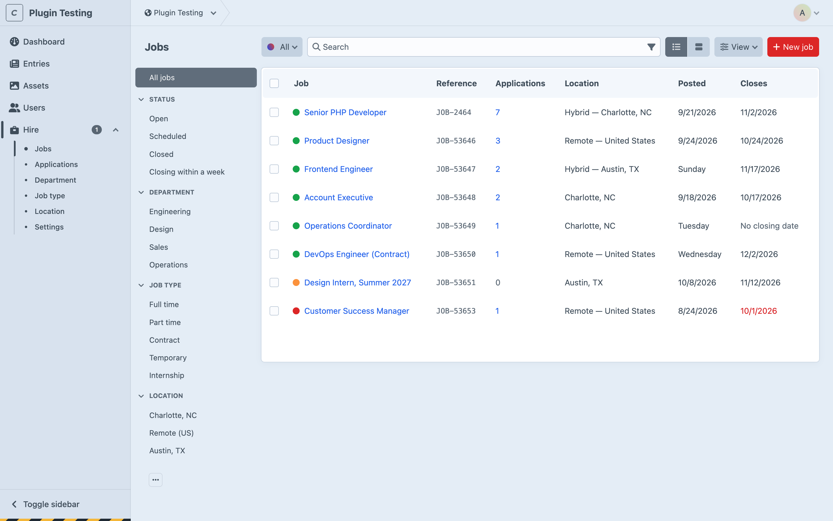 The Hire jobs index in the Craft control panel, listing each job's reference, status, applications, openings, location, salary and closing date
