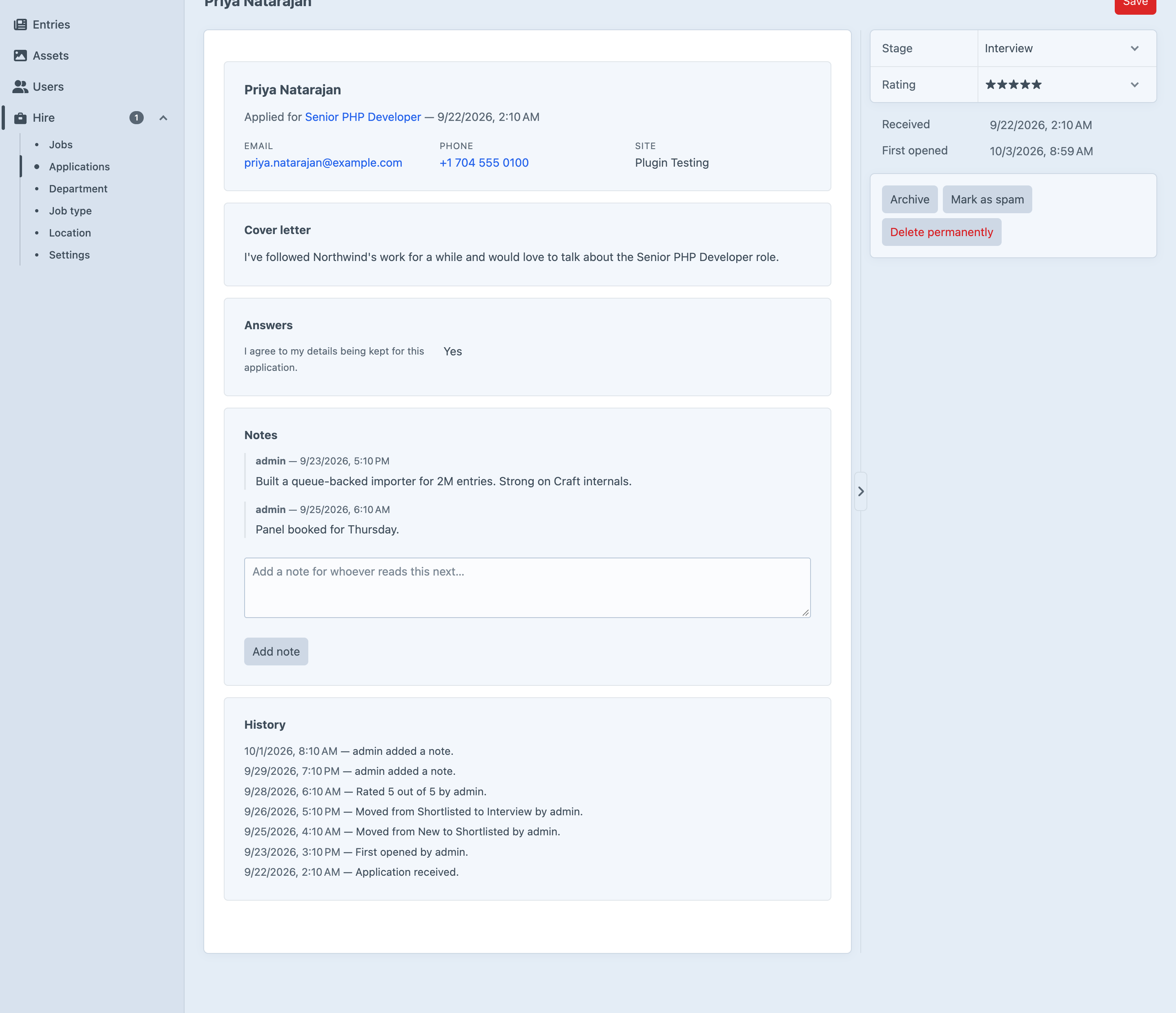 A single application in the Hire control panel, showing the candidate's answers and CV, the current stage, and the history of moves and emails