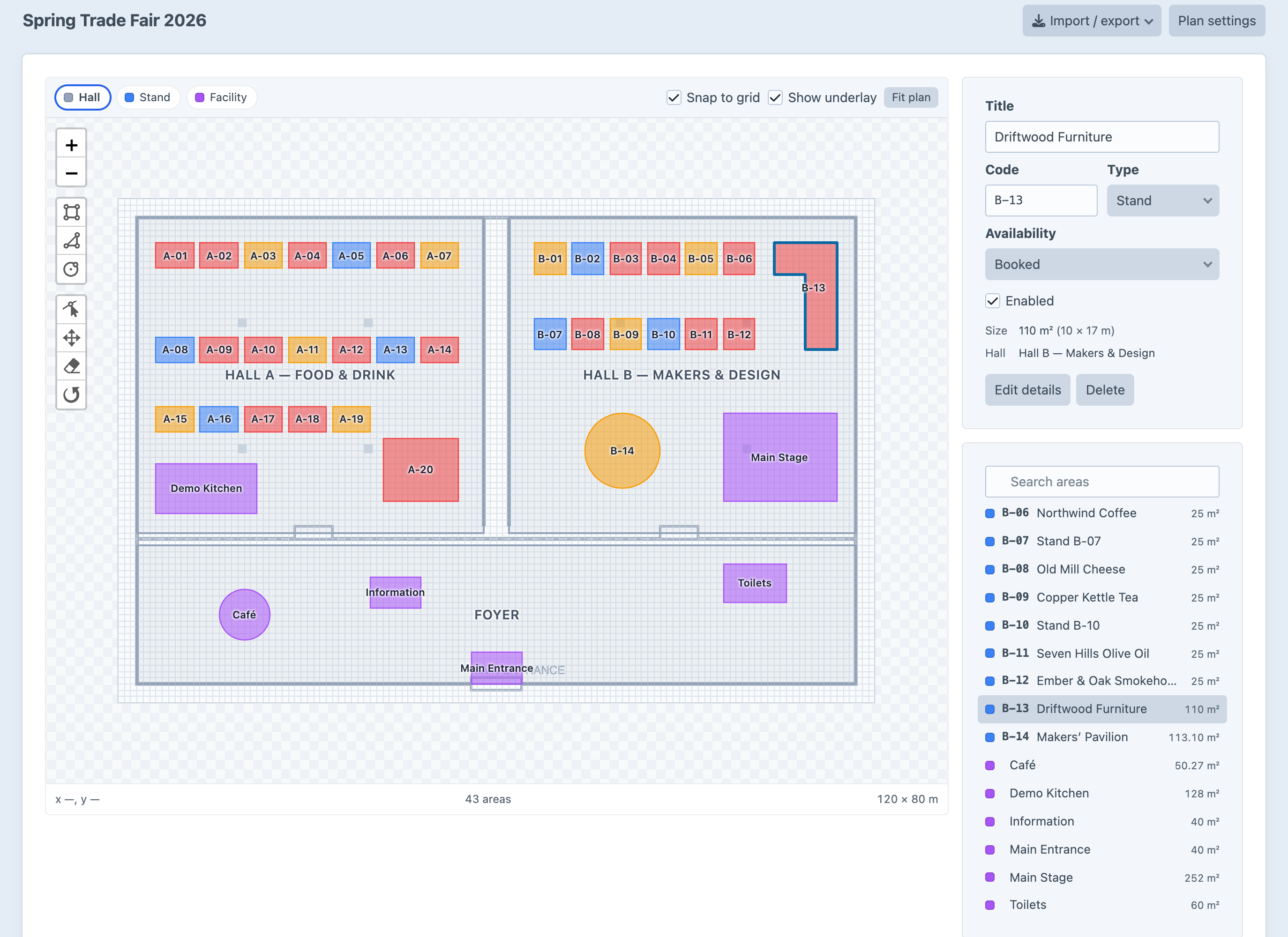 The Hitz designer in the Craft control panel showing two halls and a foyer of stands and facilities on a real-unit grid, with stand B-13 selected and its title, code, type, availability, size and hall in the details panel