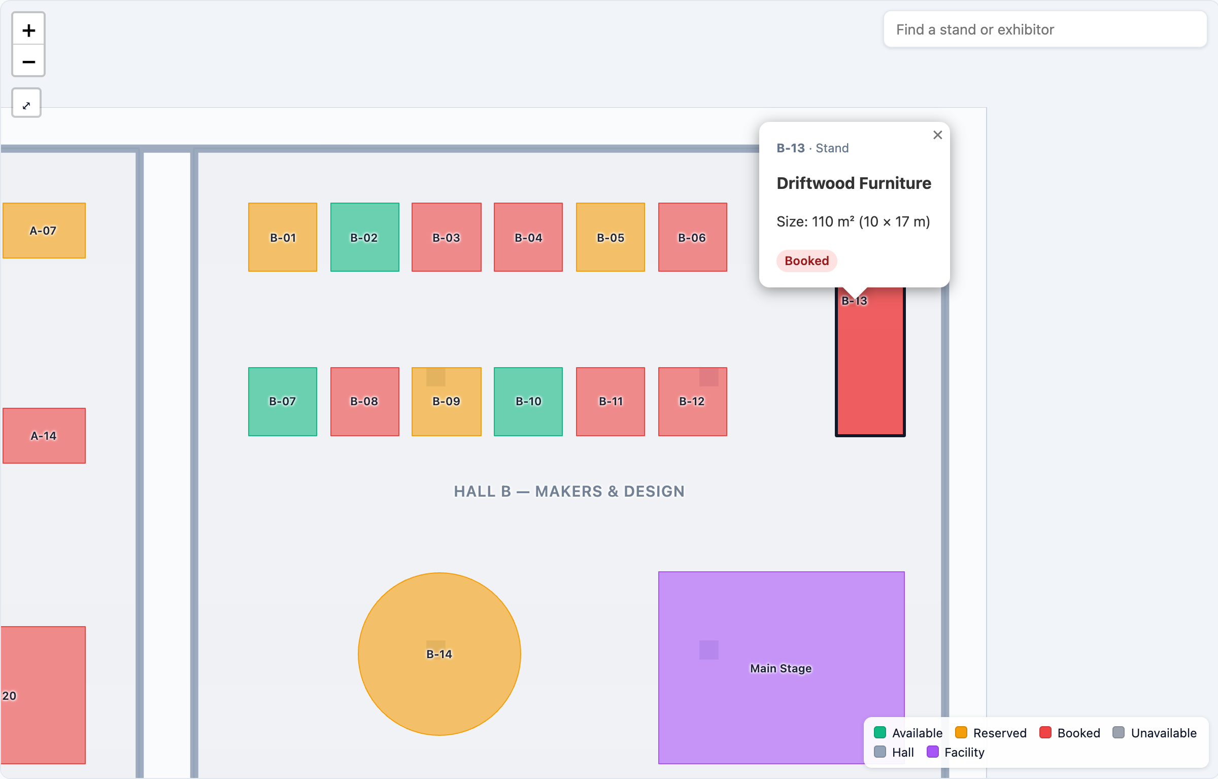 The front-end Hitz plan zoomed into Hall B, stands labelled by code and coloured by availability, with the popup for stand B-13 open showing its exhibitor, size and booked status
