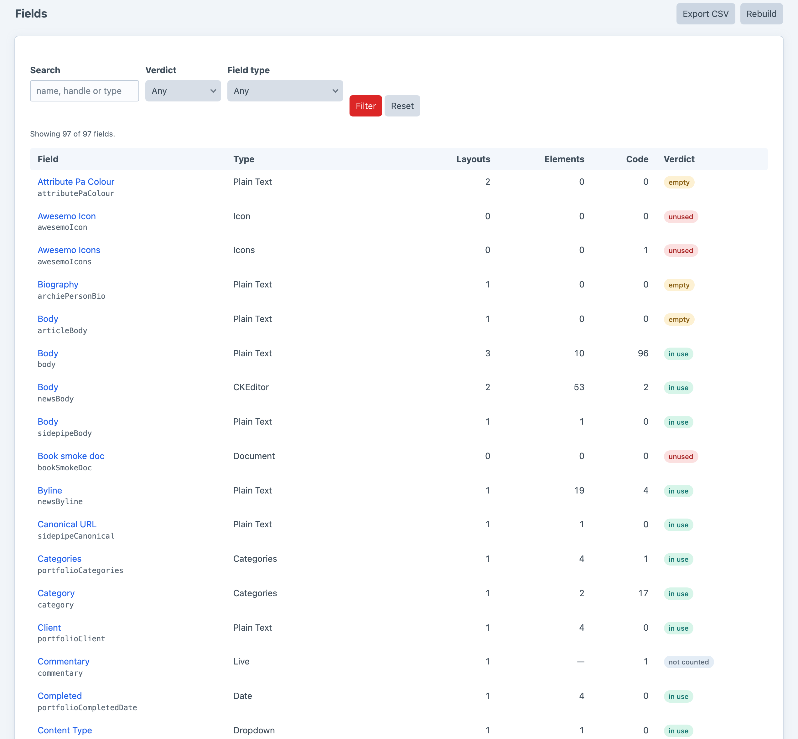 Joan's Fields screen listing every custom field with its type, layout count, element count, code references and verdict, filterable by verdict and field type