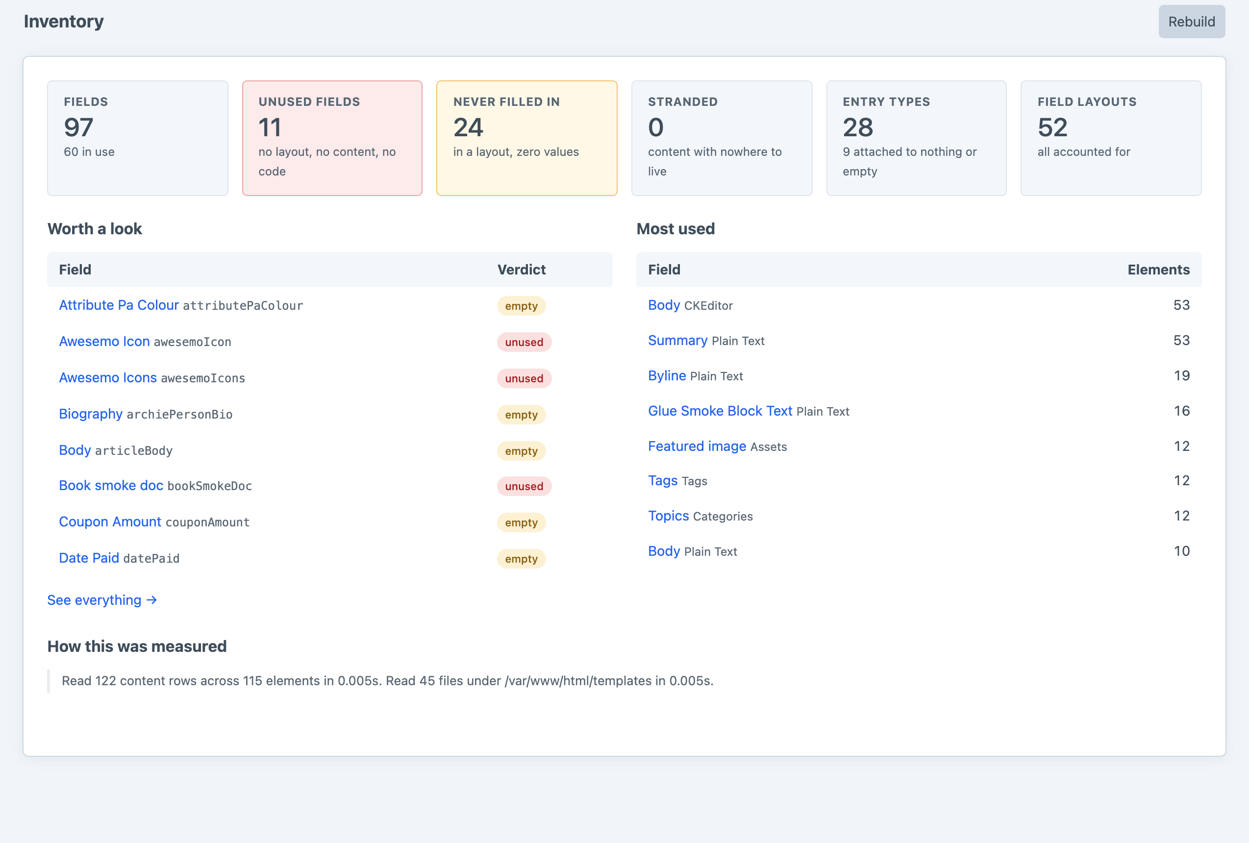 Joan's Overview screen in the Craft control panel, counting fields, unused fields, never-filled-in fields, stranded content, entry types and field layouts, with the fields worth a look and the fields holding the most content