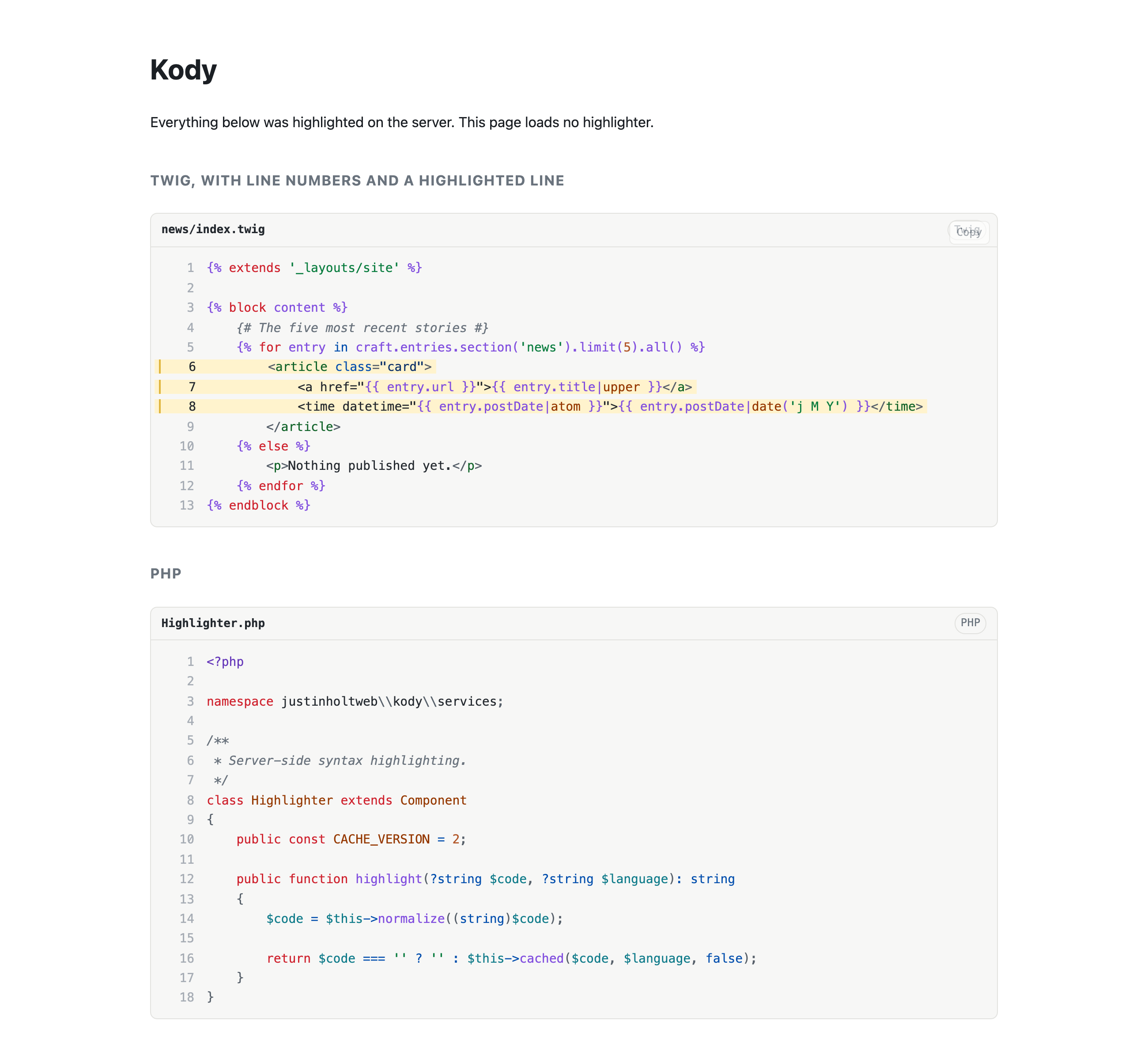 A front-end page showing a Twig template highlighted by Kody with a filename caption, line numbers, three highlighted lines and a copy button