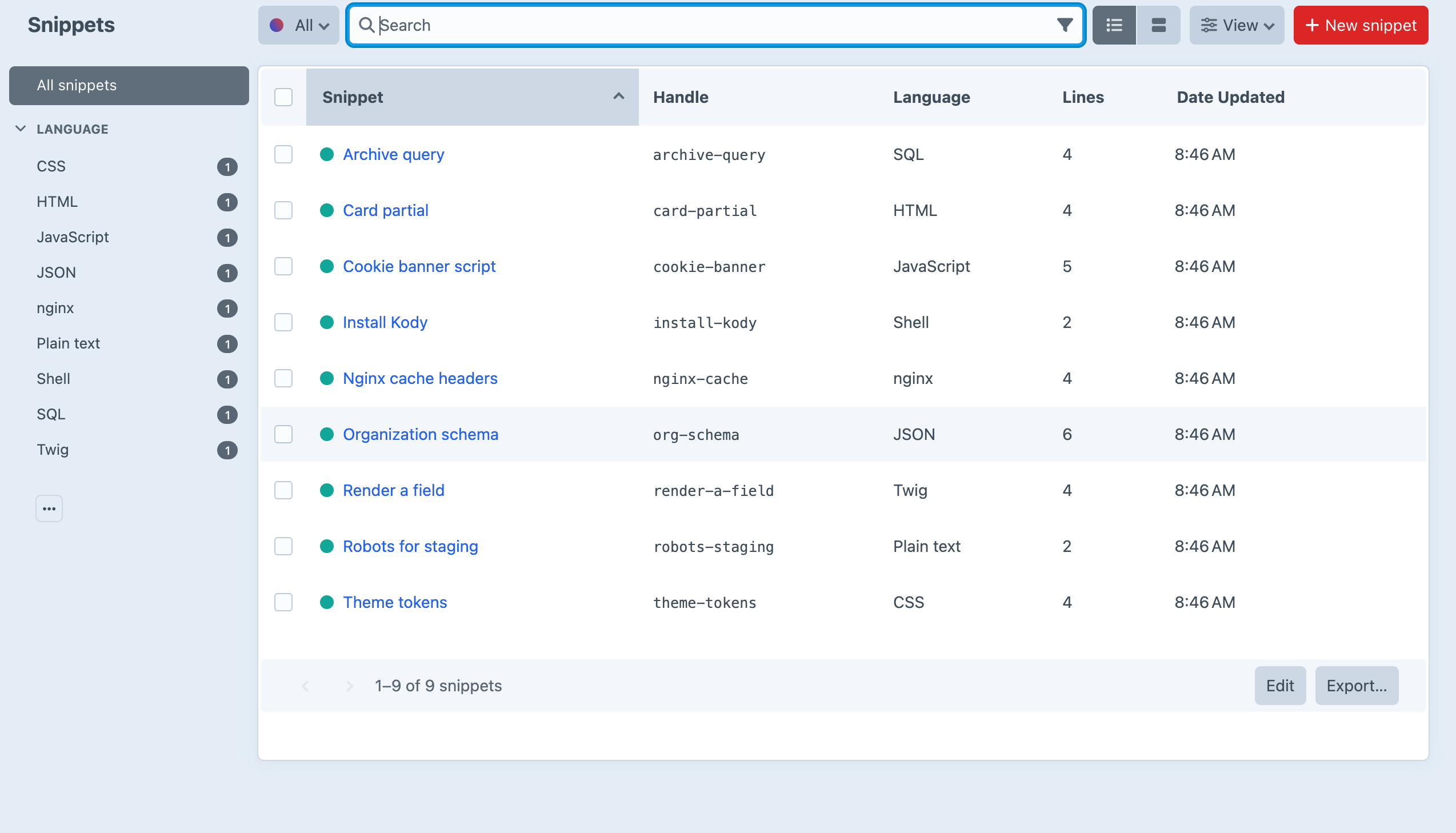 The Kody snippets index in the Craft control panel, listing nine snippets with handle, language and line count, and a sidebar grouped by language
