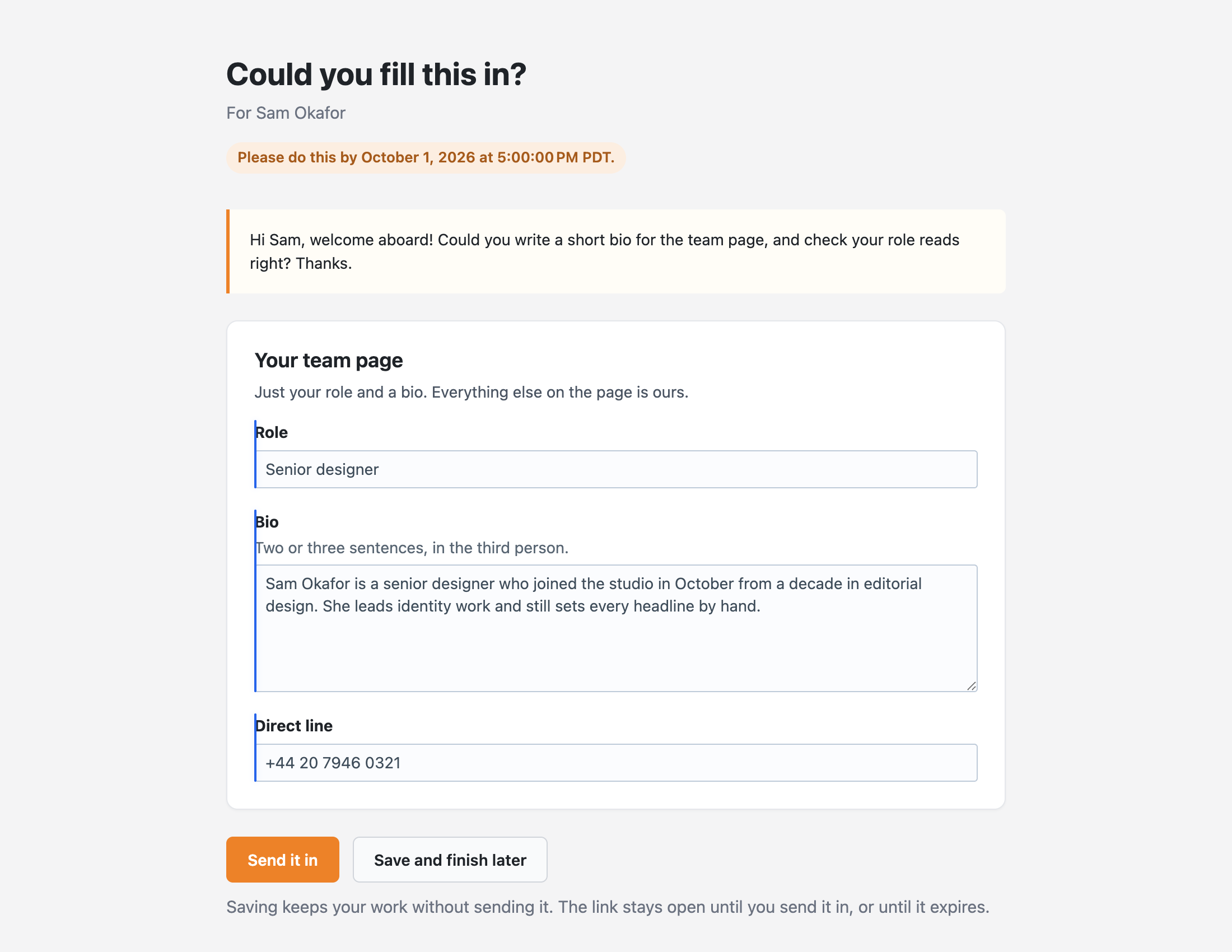 The Penny page a recipient sees: the sender's note, the deadline, the three ticked fields and the Send it in button, with no Internal notes field