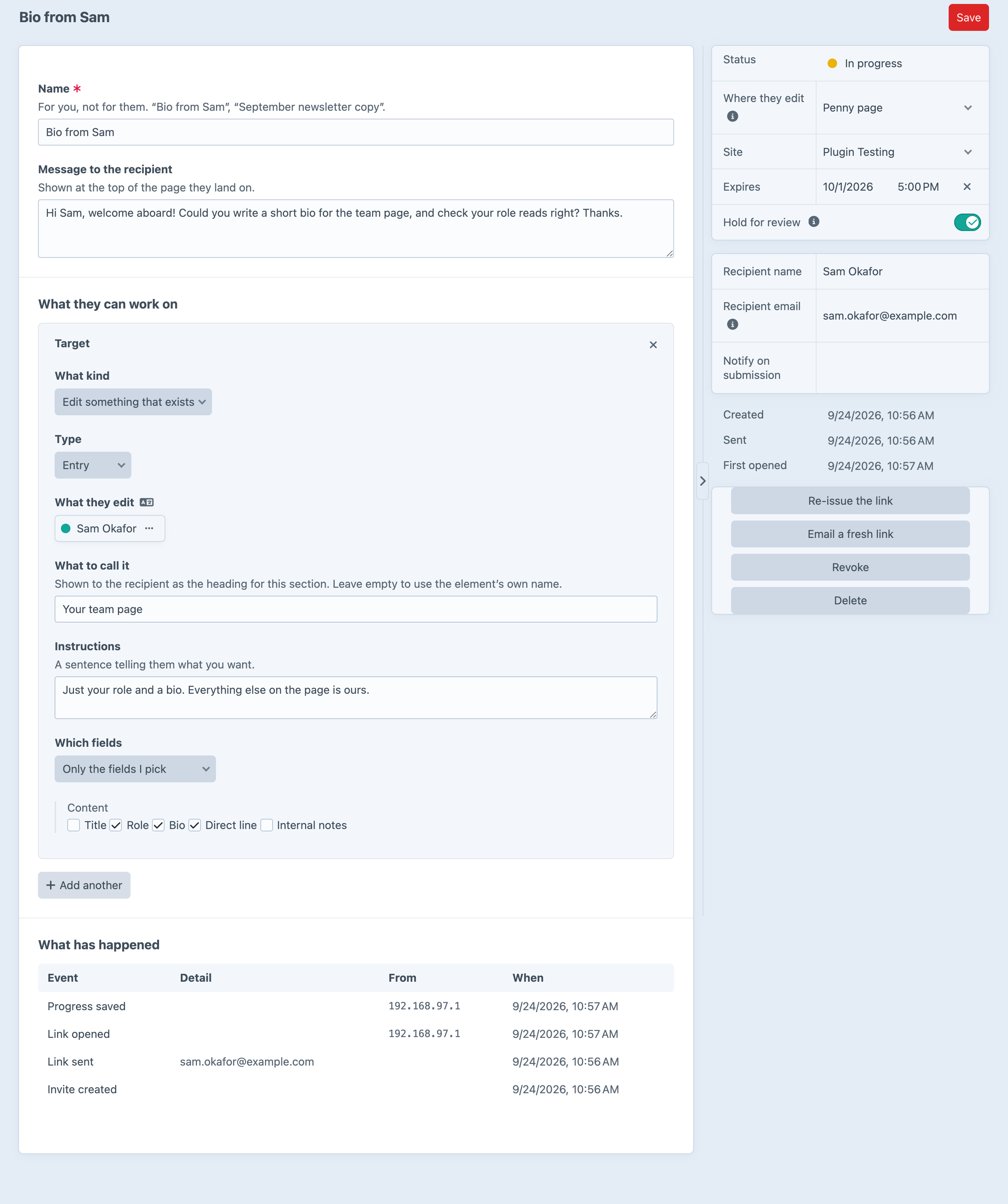 A Penny invite in the Craft control panel, targeting a Team entry with Role, Bio and Direct line ticked and Internal notes left out