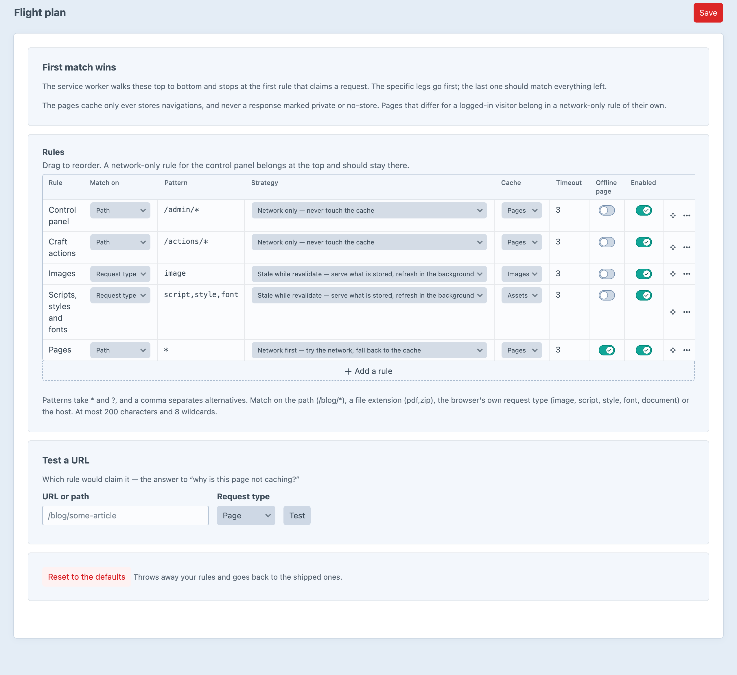 The PWA flight plan screen listing five ordered caching rules: the control panel and Craft actions network only, images and scripts stale while revalidate, and pages network first with the offline page