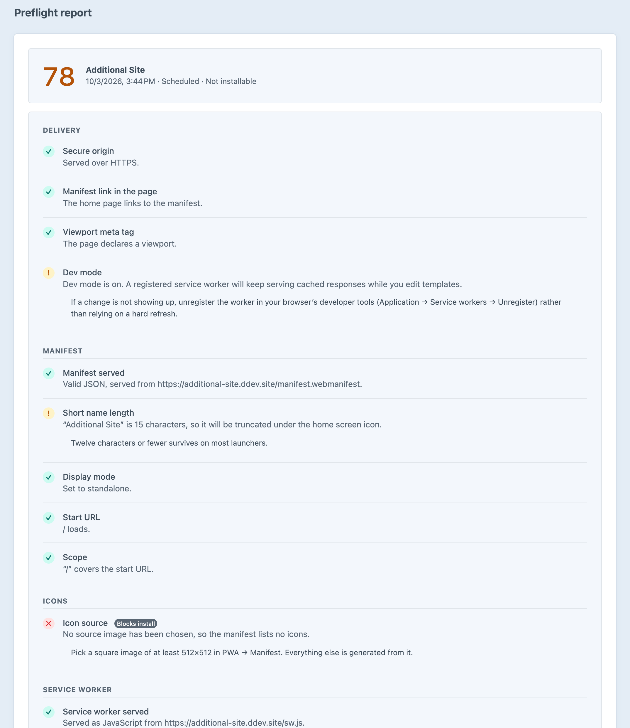 A PWA preflight report in the Craft control panel scoring 78 and marked not installable, with passing delivery and manifest checks, two warnings, and the Icon source check failed with a Blocks install badge and the fix to pick a square image
