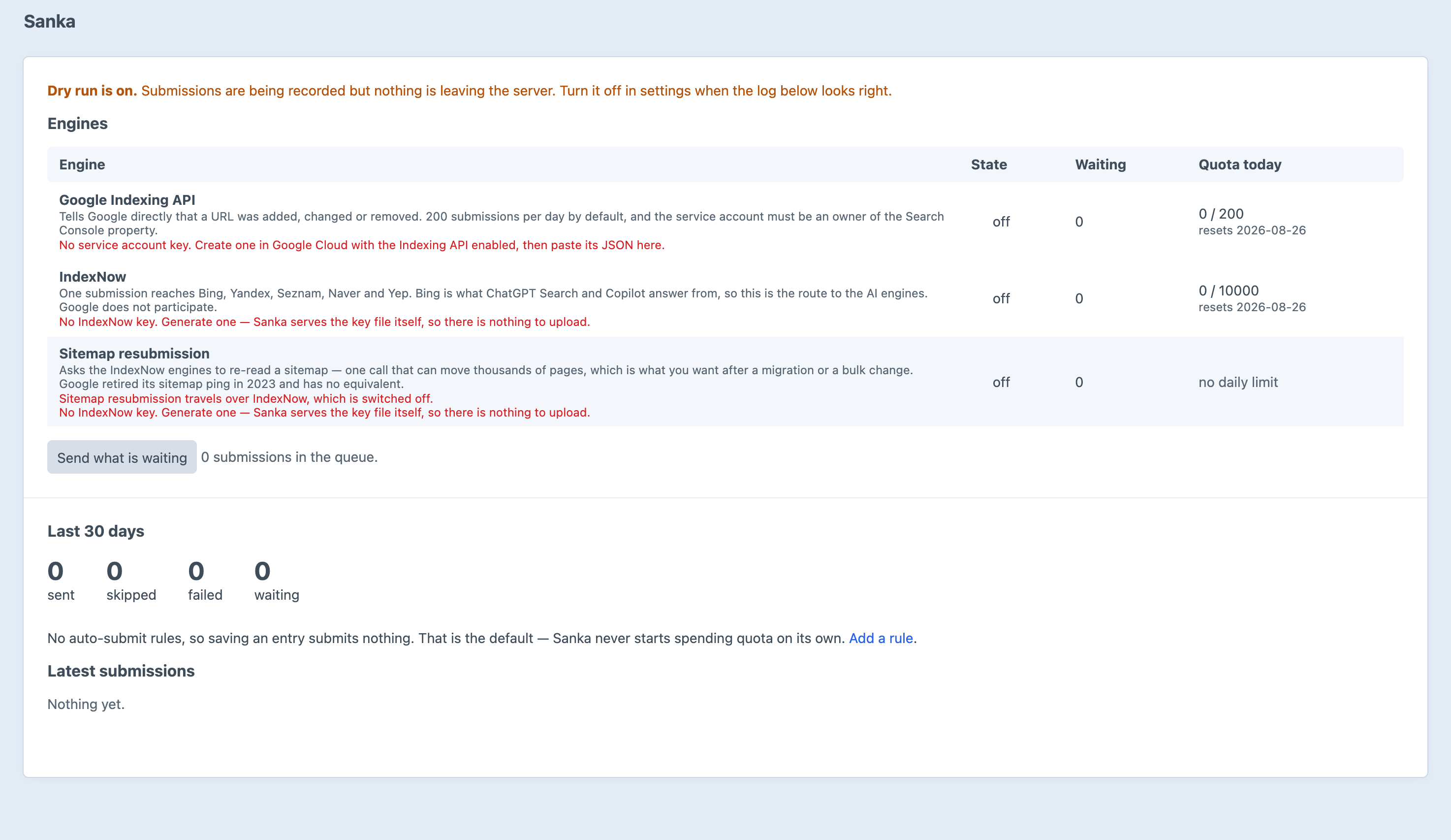 The Sanka overview in the Craft control panel: dry run is on, and each engine — Google Indexing API, IndexNow and sitemap resubmission — shows its state, queue depth and remaining daily quota, with setup guidance for the ones not yet connected