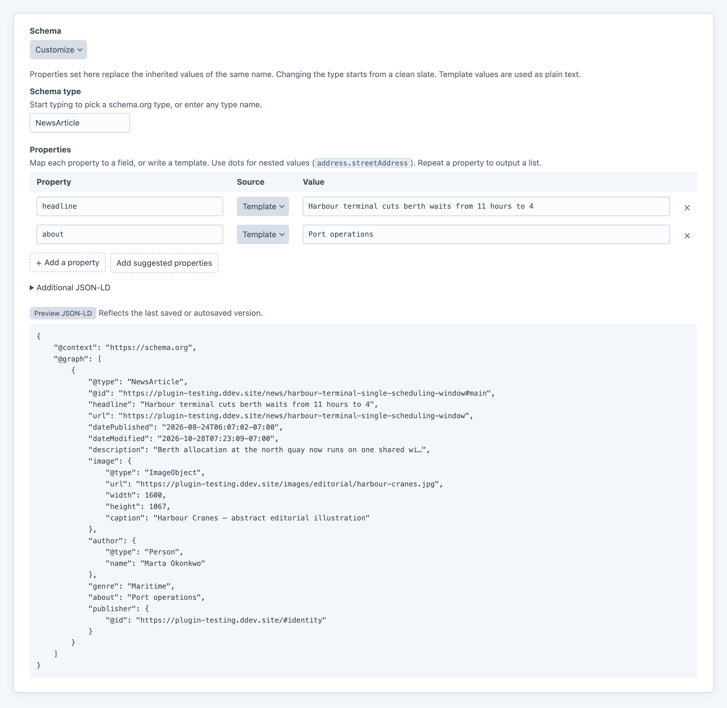 The Schemy field on a news entry set to Customize, overriding the headline and about properties, with the JSON-LD preview showing the merged NewsArticle node