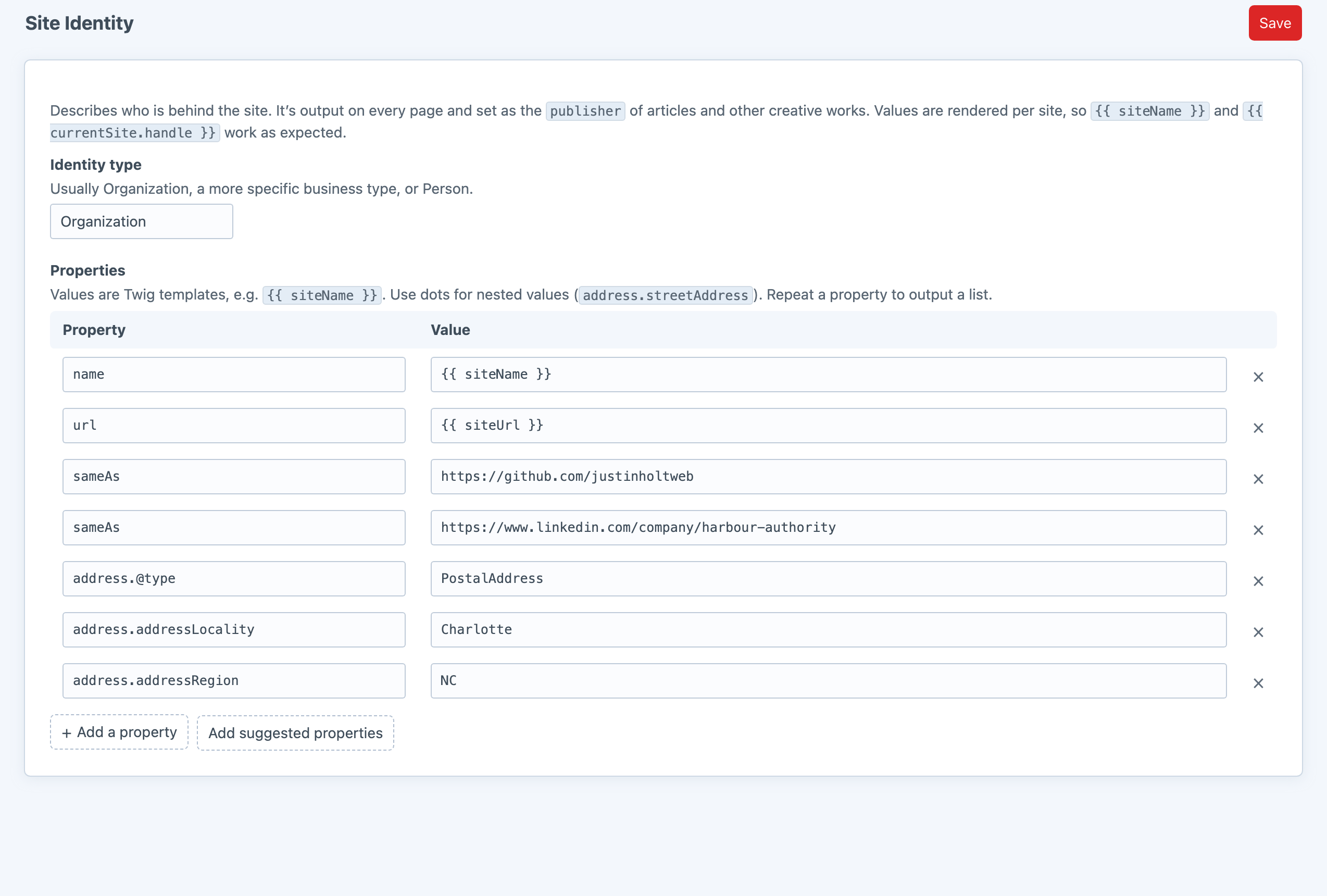 Schemy's Site Identity screen describing an Organization with name, URL, two sameAs links and a nested PostalAddress built from dot-path properties